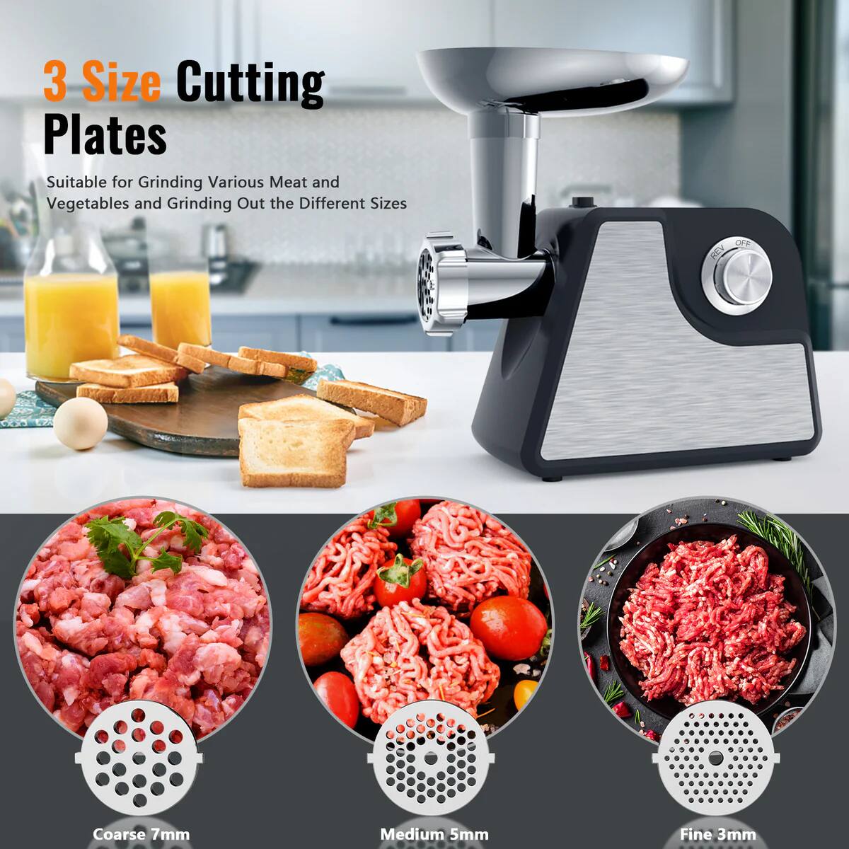 3 Size Cutting Plates

Suitable for Grinding Various Meat and Vegetables and Grinding Out the Different Sizes

Coarse 7mm
Medium 5mm
Fine 3mm