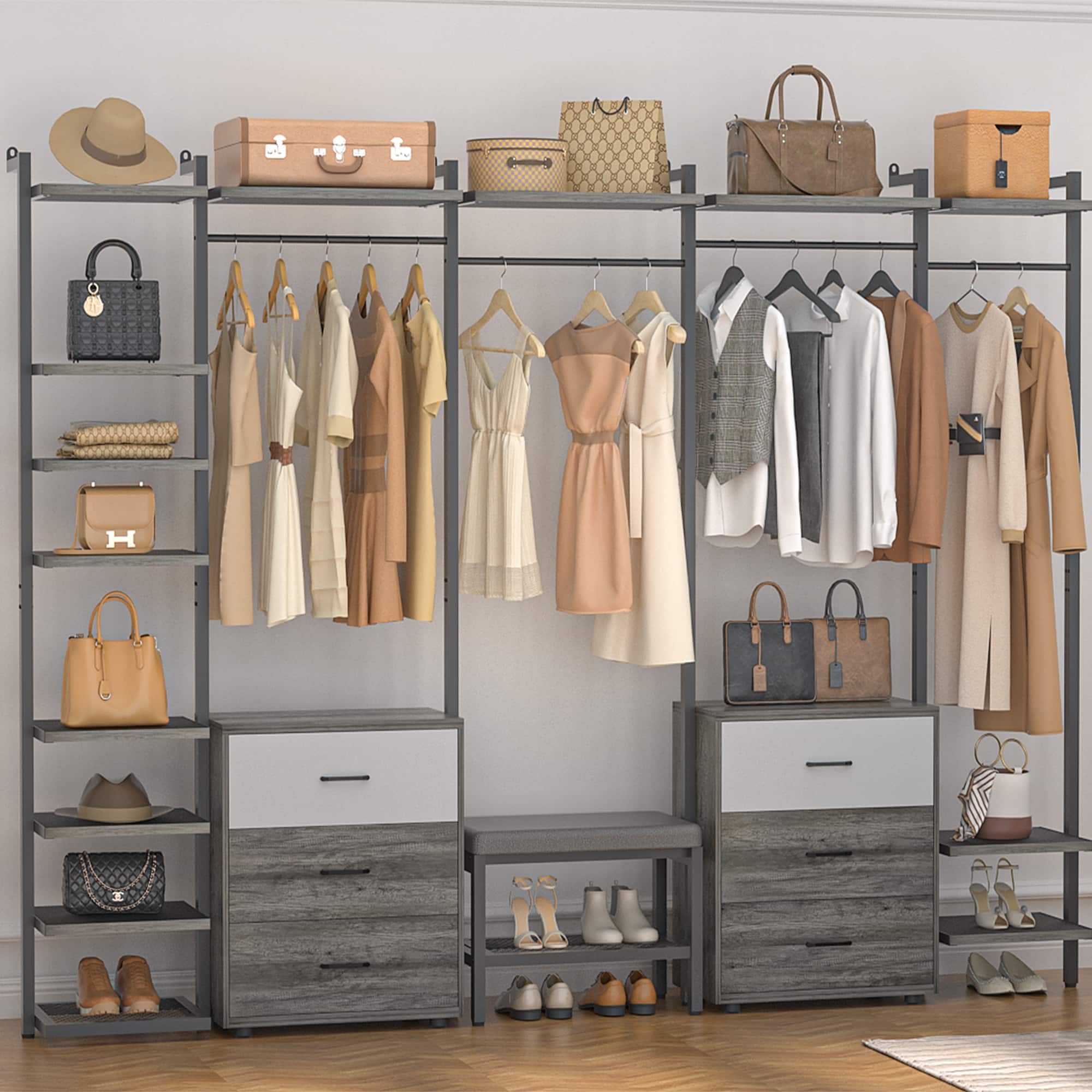 Aheaplus - 8FT Wood Closet Organizer with 6 Drawers and Hanging Rack for Bedroom Storage - Black Oak price history on PriceWatchPro