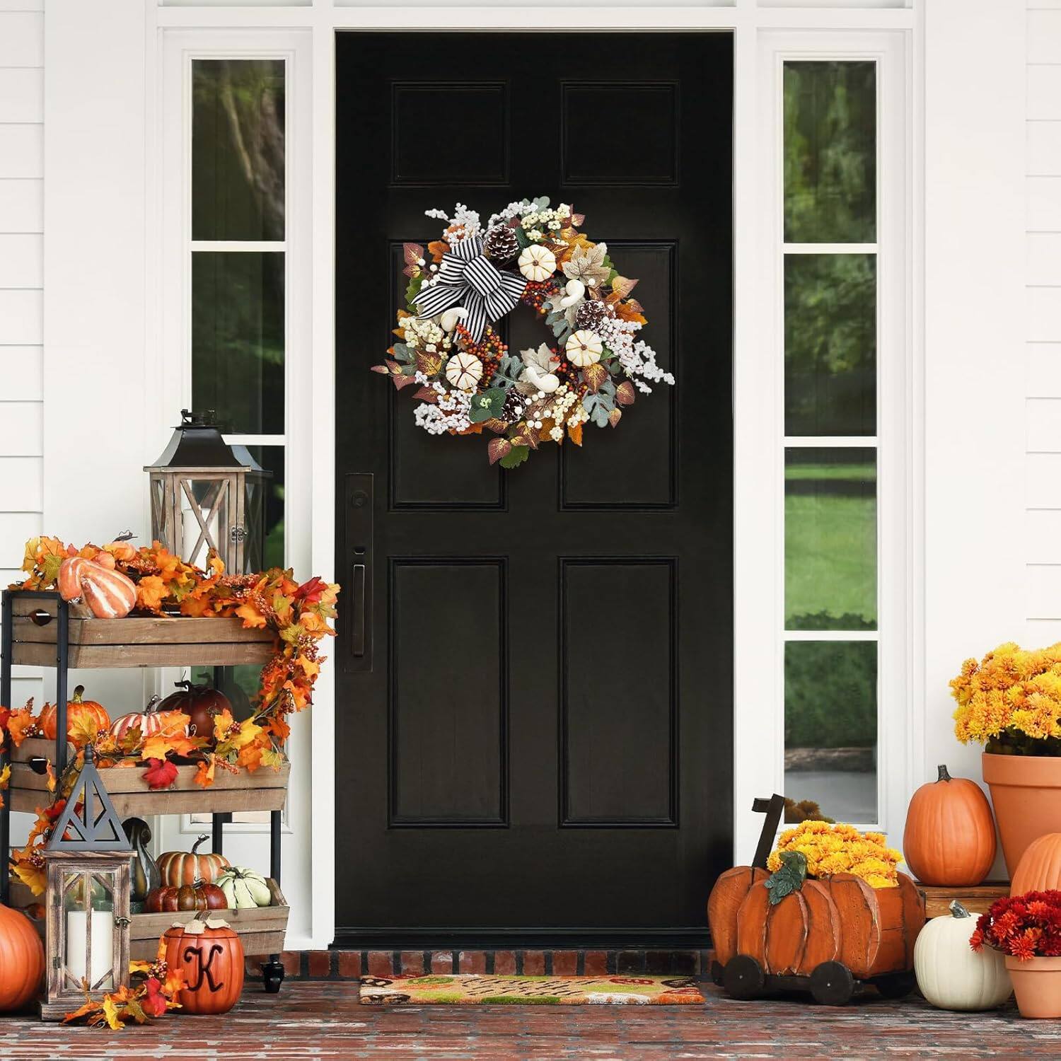 Alt View 1. GARVEE - 20 Inch Fall Wreath for Front Door, Autumn Maple Leaves Wreath with White Pumpkins Stripe Bow Farmhouse Decorations - Green.