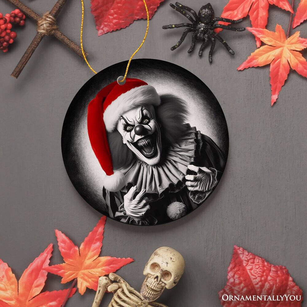 Back. OrnamentallyYou - Sinister Santa Clown Ceramic Ornament Eerie Christmas Decoration for Halloween Tree - Multi-colored.