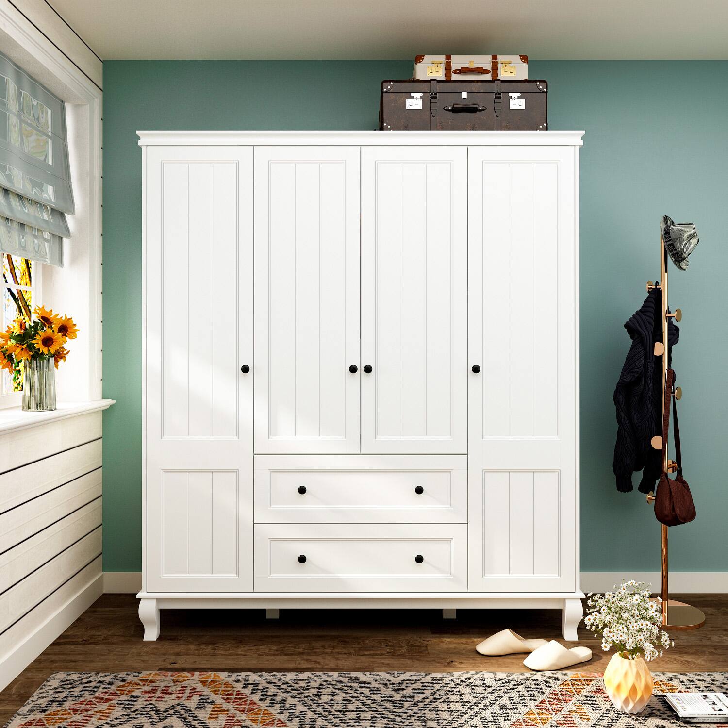 Alt View 7. FUFU & GAGA - FUFU&GAGA Freestanding Wardrobe with Textured Finish & Solid Wood Legs Armoires - Spacious Storage for Bedroom - White.