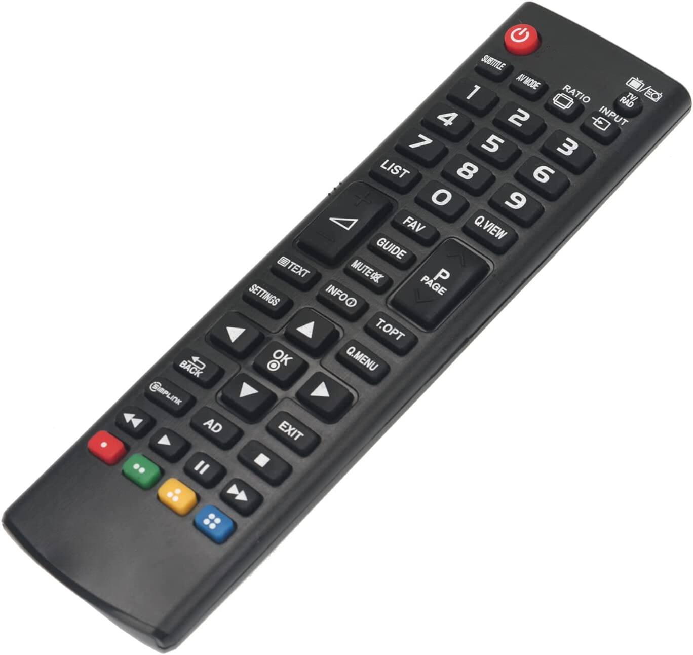 BACK SIMPLINK AD ..  
"  
G SUBTITLE AVMODE 1 RATIO RAD 4 2 INPUT 7 5 3 LIST 8 6 0 9 FAV Q.  
VIEW GUIDE TEXT MUTE P SETTINGS PAGE INFO@ T.OPT OK Q.MENU EXIT