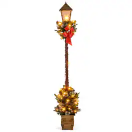 Costway - 6.1 FT Christmas Pre-lit Street Lamp with Artificial Greenery,LED Lights for Porch Advent Calendar - Multicolor