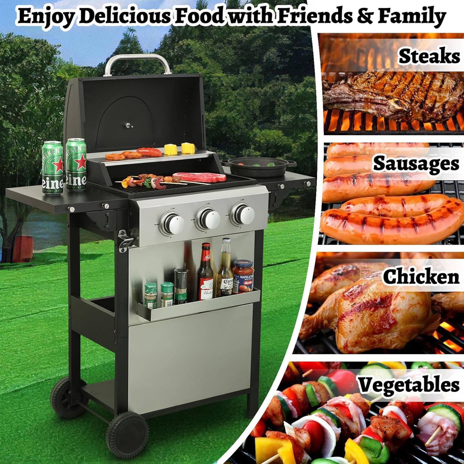 Enjoy Delicious Food with Friends & Family

- Steaks
- Sausages
- Chicken
- Vegetables
