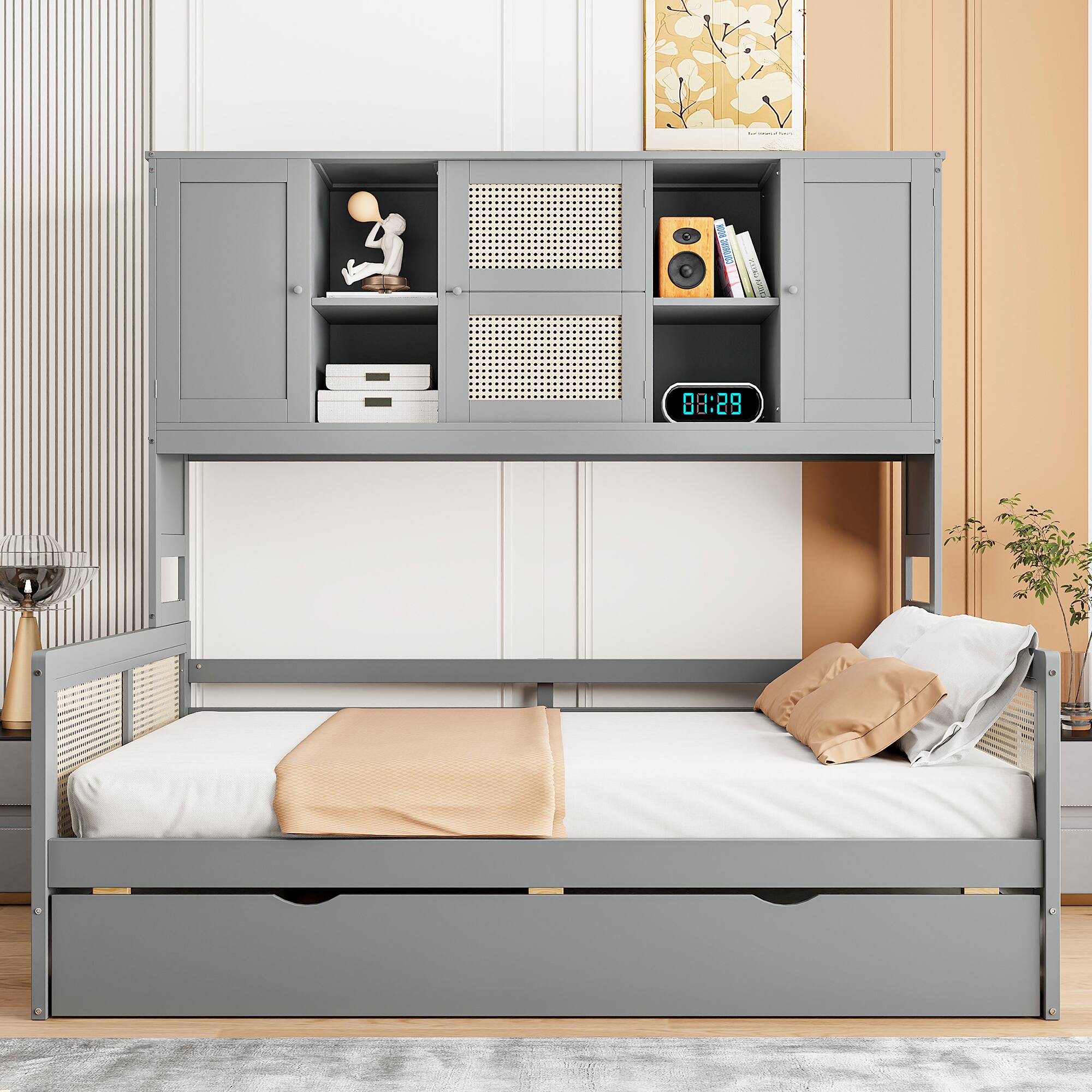 Front. Tiramisubest - Full Size Wooden Daybed With Twin Size Trundle, and All-in-One Cabinet and Shelf, Gray - Gray.