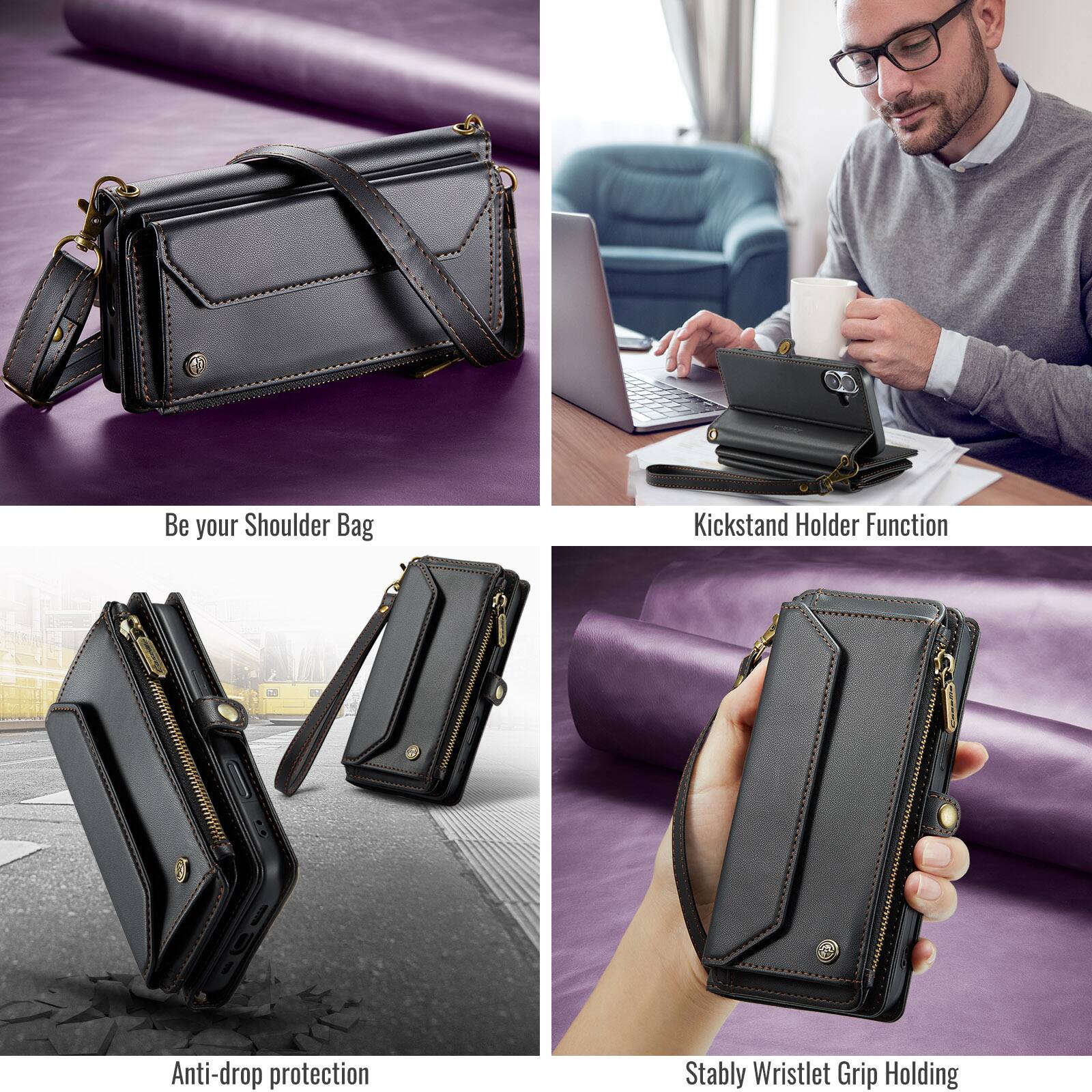 Be your Shoulder Bag  
Kickstand Holder Function  
Anti-drop protection  
Stably Wristlet Grip Holding