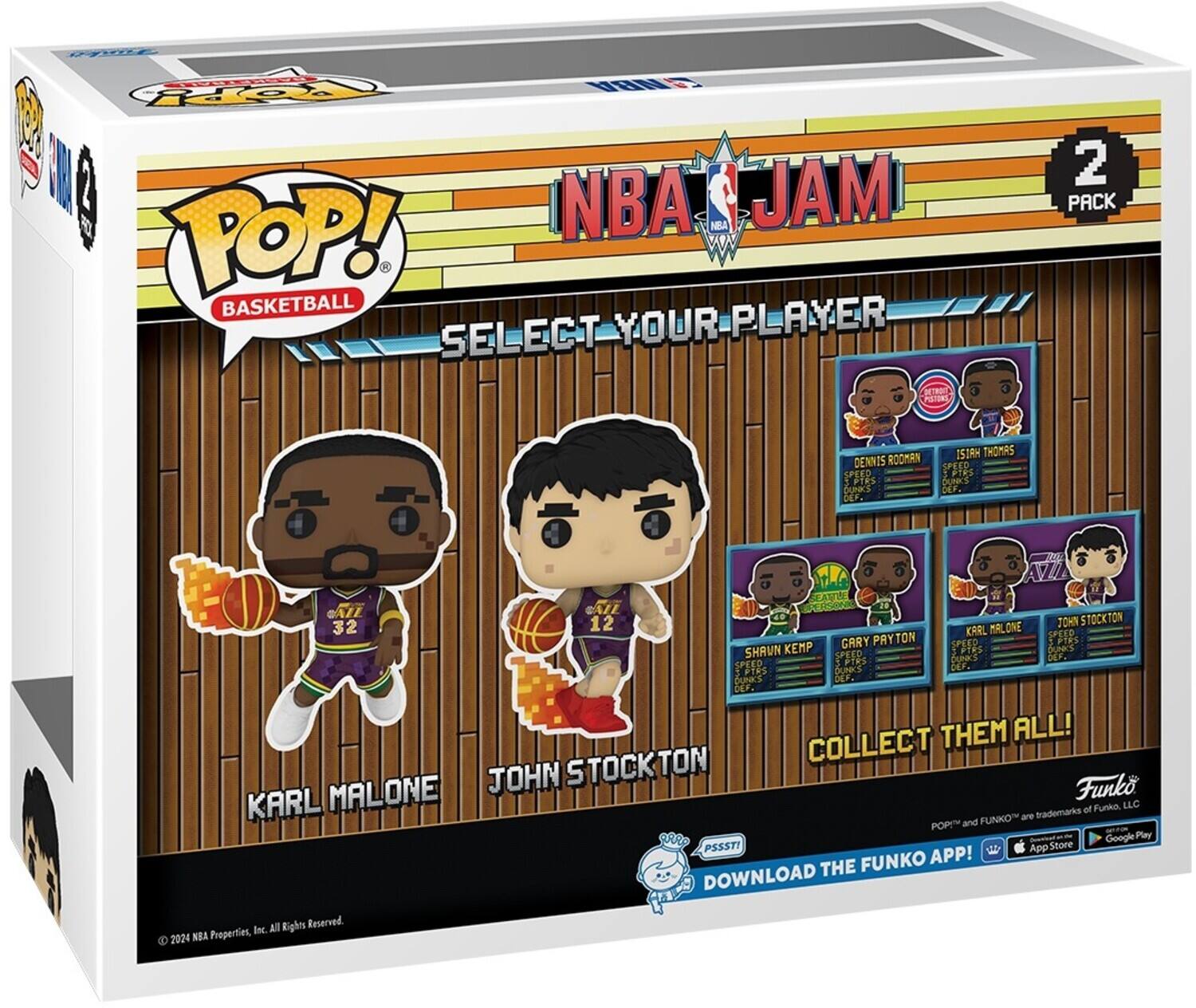 NBA JAM, NBA POP! BASKETBALL, SELECT YOUR PLAYER, 2 PACK, PSSSTI, DENNIS RODMAN, SPEED, 5 DUNKS, DEF, ISORM THOMAS, SPEED, DUNKS, DEF, ZAVION, GAIL CAZL, 12, JOHN STOCKTON, 32, KARL MALONE, PAYTON, 032%, CARY SPEED, P1, SHAWN KEMP, SPEED, PTRS, SPEED, 5, DUNKS, DF, DILF, DEP THEM ALL!, STOCKTON, COLLECT MALONE, JOHN, FUNKO, ARE TRADEMARKS OF FUNKO LLC, POPY AND EARP, GOOGLE PLAY, PSSSTI, APP STORE, FUNKO APP, DOWNLOAD THE, ALL RIGHTS RESERVED, PROPERTIES IMC, 2024 NBA