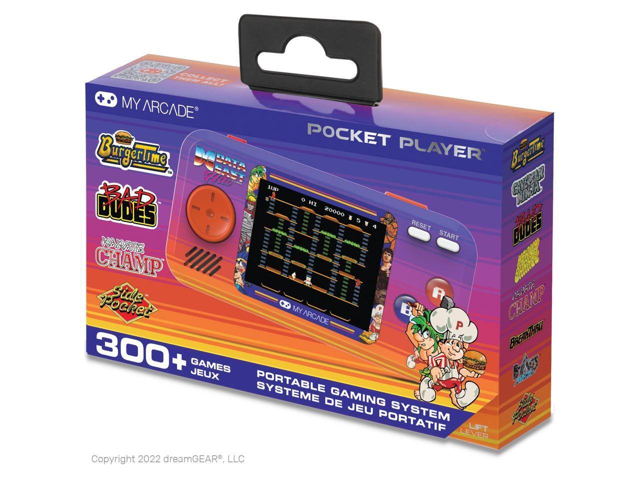 MY ARCADE  
POCKET PLAYER  

BurgerTime  
BAD DUDES  
RARATE CHAMP  
Side Pocket  

300+ GAMES  
PORTABLE GAMING SYSTEM  
SYSTÈME DE JEU PORTATIF  

Copyright 2022 dreamGEAR, LLC