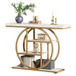 Hivvago - Modern Round Gold Metal Frame Foyer Console Table with White Faux Marble Shelves - Gold, White