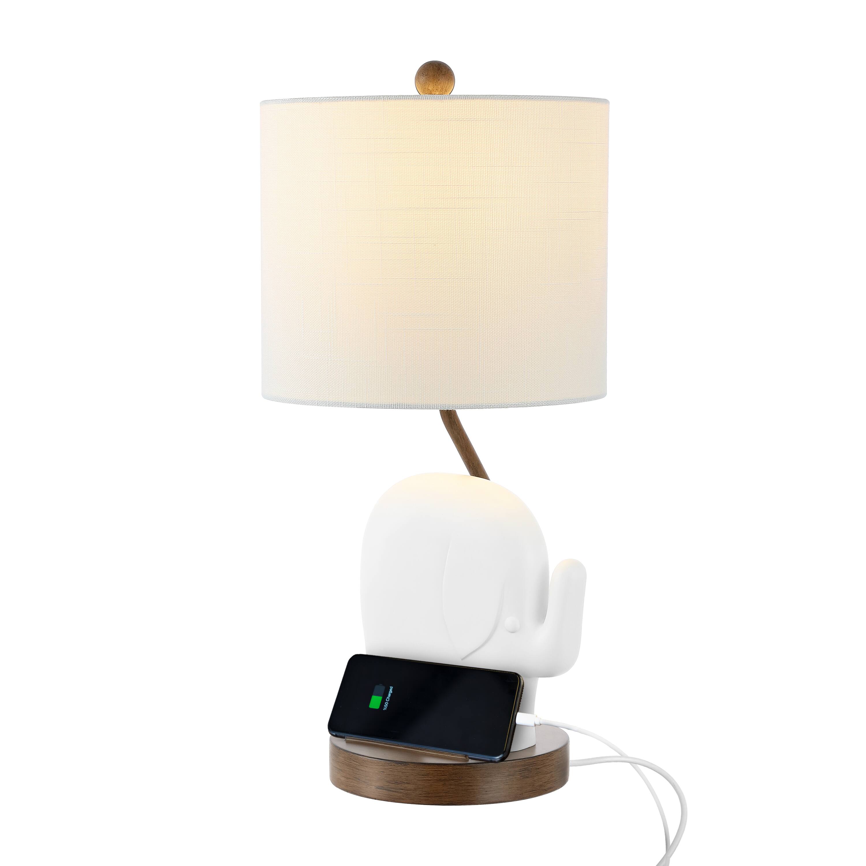 Front. Jonathan Y - Ellie 20.25" Bohemian Designer Iron/Resin Elephant LED Kids' Table Lamp with Phone Stand and USB Charging Port, White.