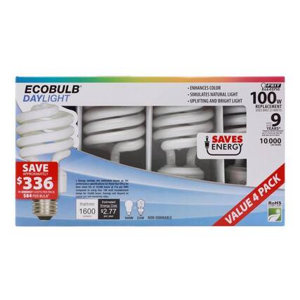 ECOBULB
DAYLIGHT
- ENHANCES COLOR
- SIMULATES NATURAL LIGHT
- UPLIFTING AND BRIGHT LIGHT
100W REPLACEMENT
USES ONLY 23 WATTS
LASTS 9 YEARS*
10,000 HOURS
SAVES ENERGY
SAVE APPROXIMATELY
$336 IN ENERGY COSTS PER PACK
$84 PER BULB*
Energy savings are estimated based on the performance specifications for these four CFLs for 10,000 hours. Savings will depend on actual and electricity rates.
Brightness: 1600 Lumens
Energy Cost: $2.77 per year
100W 23W NON-DIMMABLE
VALUE 4 PACK
RoHS COMPLIANT
*Based on 10,000 hours of use.