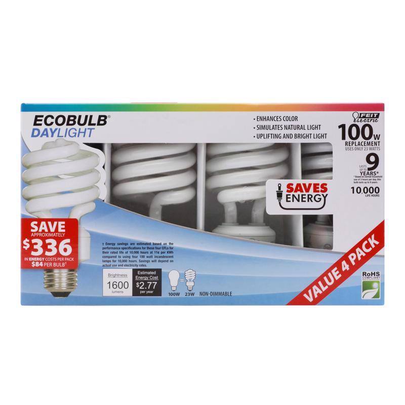 ECOBULB  
DAYLIGHT  

- ENHANCES COLOR  
- SIMULATES NATURAL LIGHT  
- UPLIFTING AND BRIGHT LIGHT  

100W REPLACEMENT  
USES ONLY 23 WATTS  
LASTS 9 YEARS*  
10,000 HOURS  

SAVES ENERGY  

SAVE APPROXIMATELY  
$336 IN ENERGY COSTS PER PACK  
$84 PER BULB*  

Energy savings are estimated based on the performance specifications for these four CFLs for 10,000 hours. Savings will depend on actual and electricity rates.  

Brightness: 1600 Lumens  
Energy Cost: $2.77 per year  

100W 23W NON-DIMMABLE  

VALUE 4 PACK  

RoHS COMPLIANT  

*Based on 10,000 hours of use.