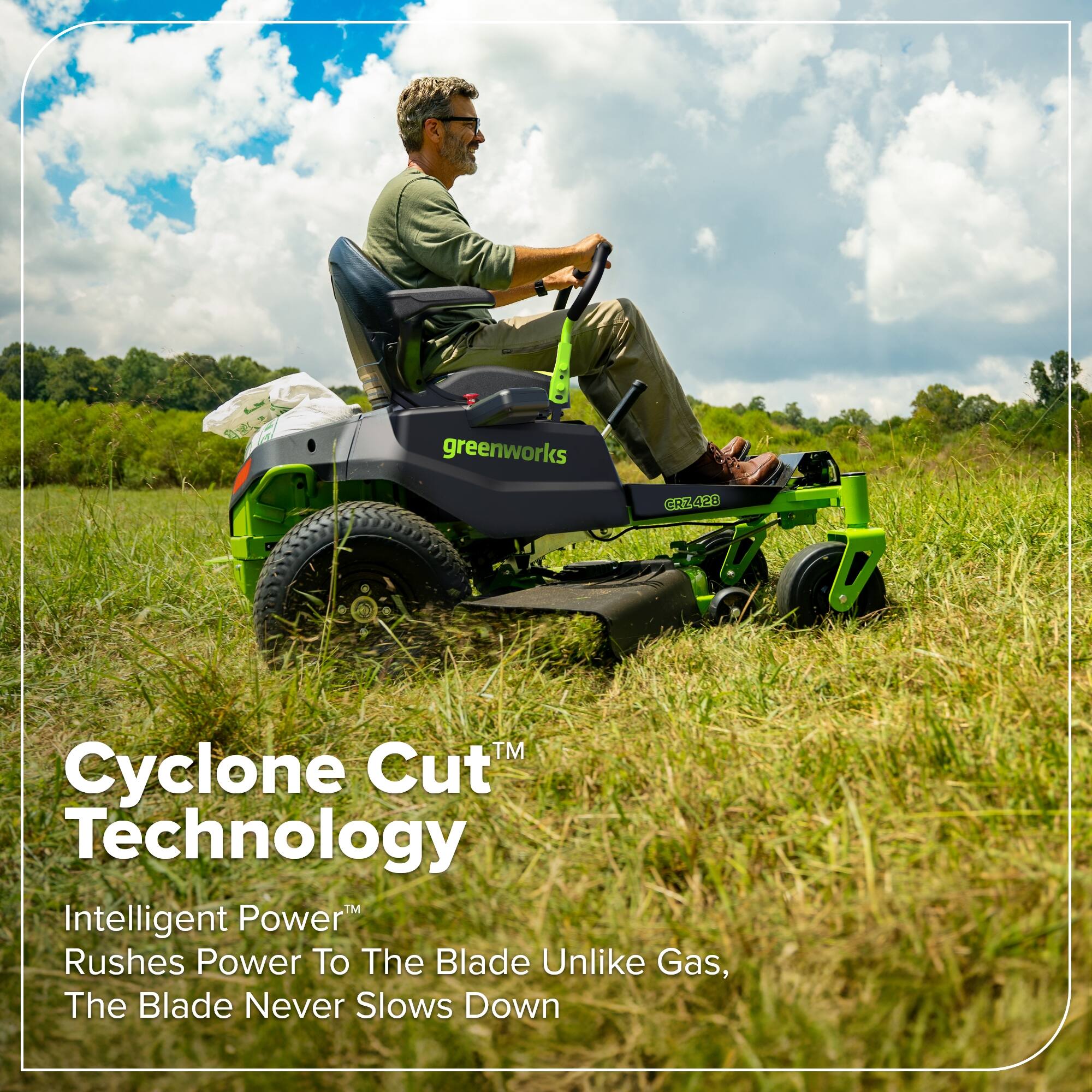 greenworks GRZ428™ Cyclone Cut Technology Intelligent Power™ Rushes Power To The Blade Unlike Gas, The Blade Never Slows Down