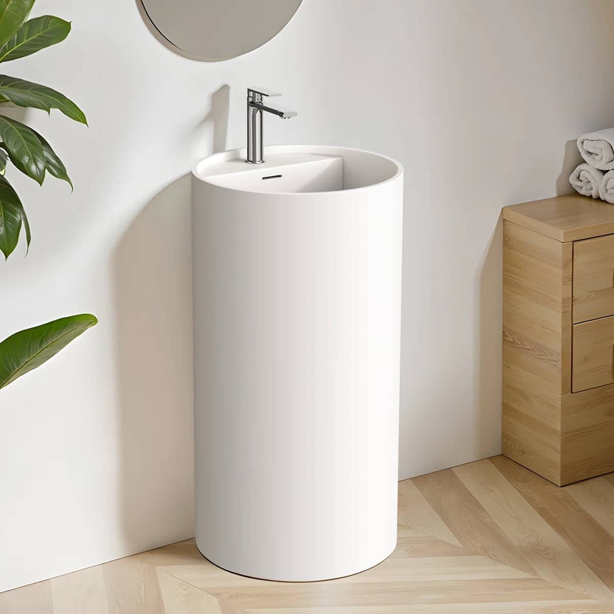 33.5'' Tall Solid Surface Circular Pedestal Bathroom Sink, Modern Pedestal Sink with Overflow