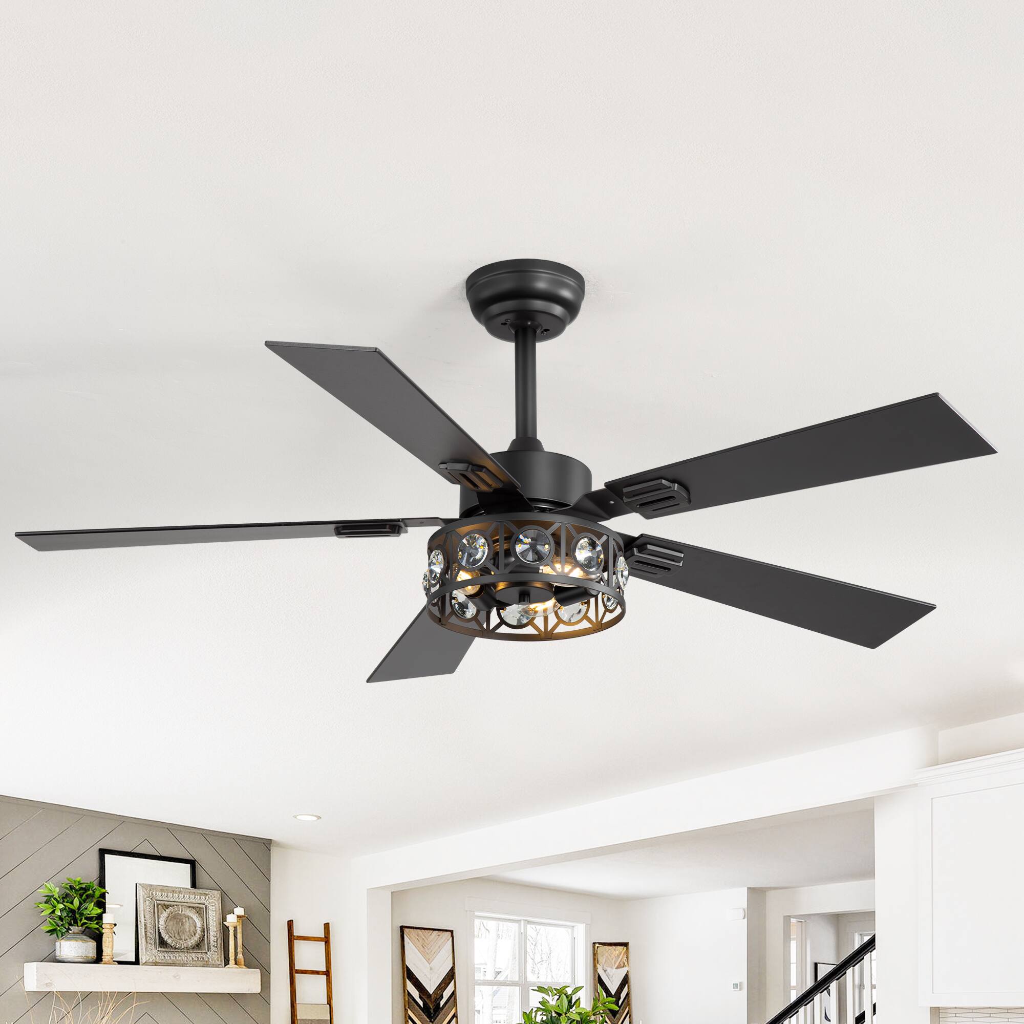 Breezary - 48" Ceiling Fan with 5 Plywood Dual Finish Blades, 6 Speeds, DC Motor, 4''&8'' Downrods, Remote Control & Timer - Matte Black and Dark Wood Grain