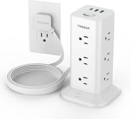 TESSAN - 900 Joule Surge Protector Power Strip Tower with USB Ports - White