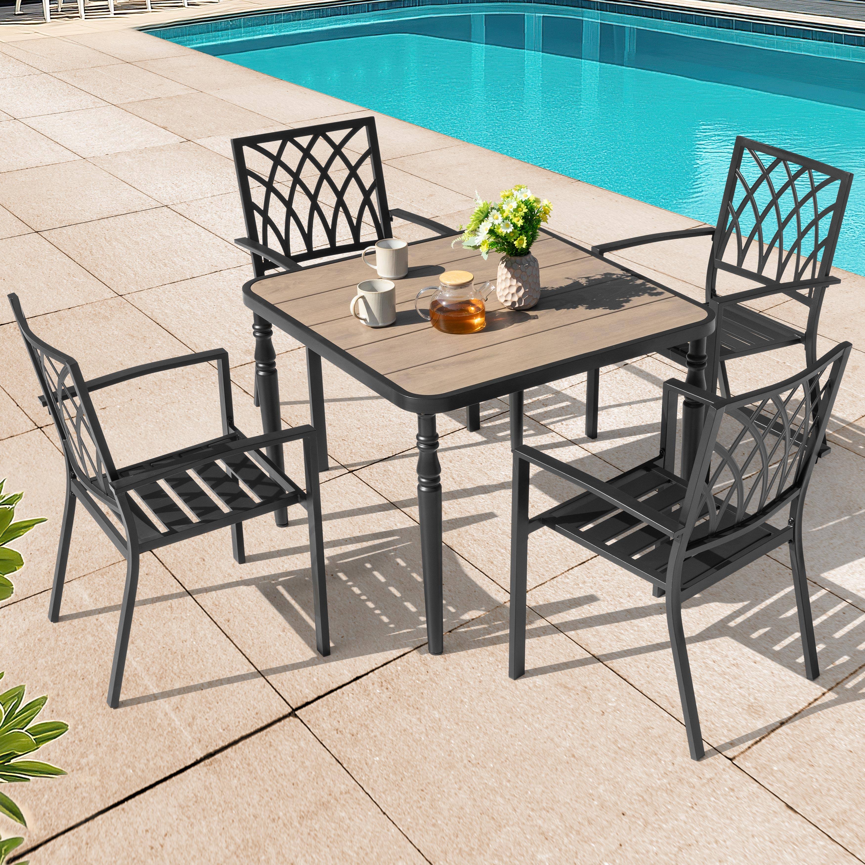 Alt View 2. Nuu Garden - 5PCS Patio Stackable Dining Set, Umbrella Hole and Wood-Grain Tabletop - Black.