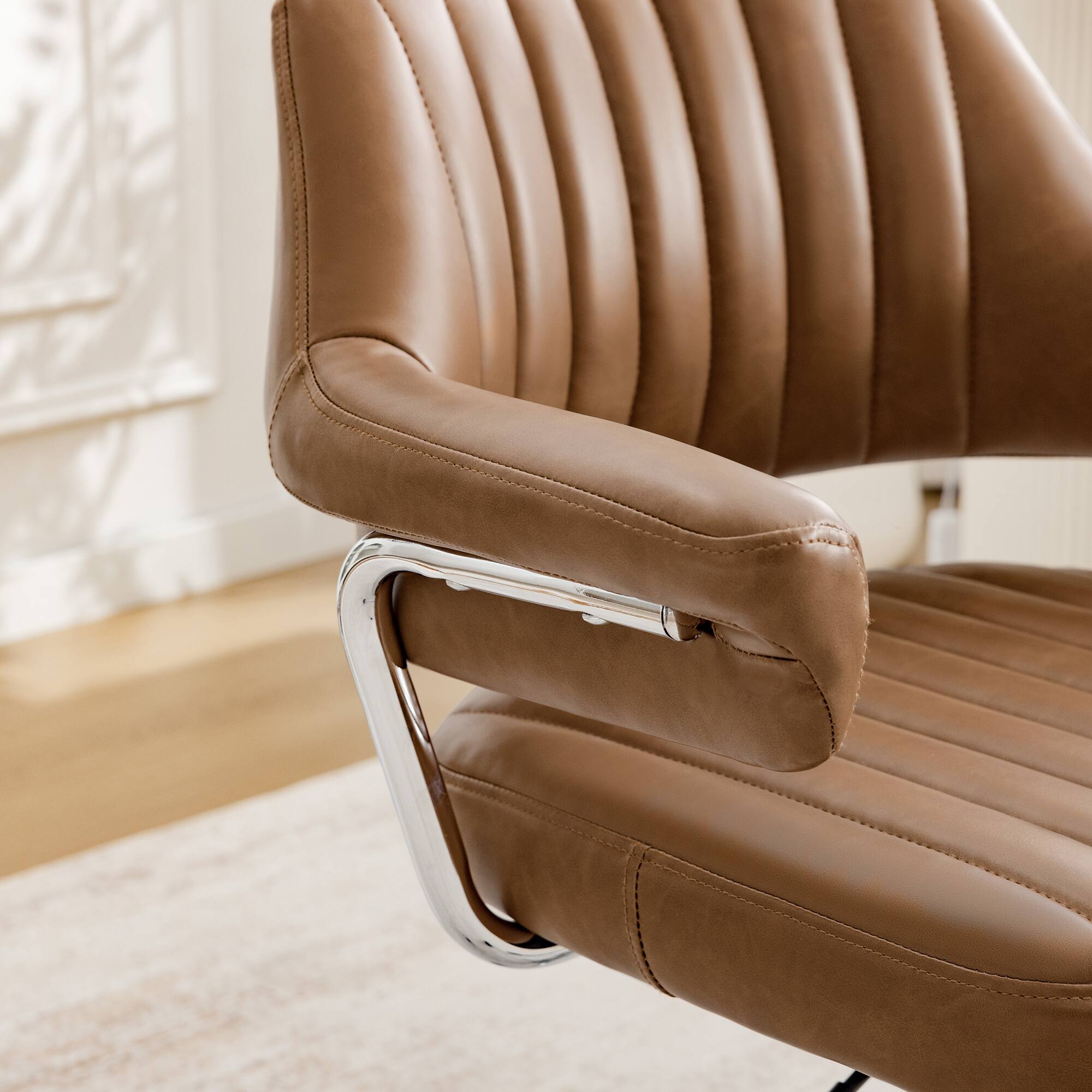 Left. KERDOM - Swivel Upholstery Vanity Chair with Arms, Adjustable Height Desk Chair for Home Office Study Makeup Dresser, PU Leather - Camel-1PC.