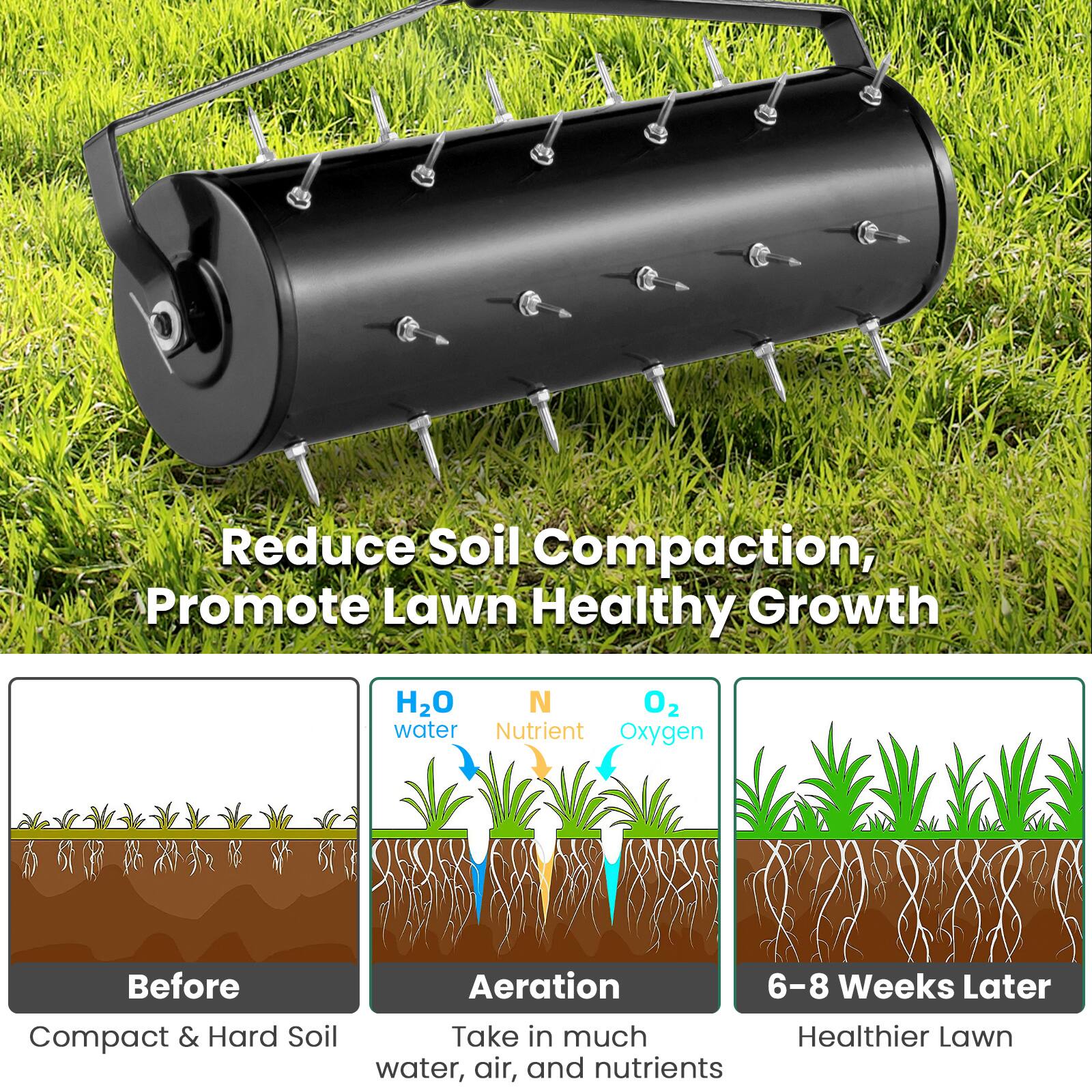 Reduce Soil Compaction, Promote Lawn Healthy Growth

H2O water
N Nutrient
O2 Oxygen

Before Compact & Hard Soil
Aeration Take in much water, air, and nutrients
6-8 Weeks Later Healthier Lawn