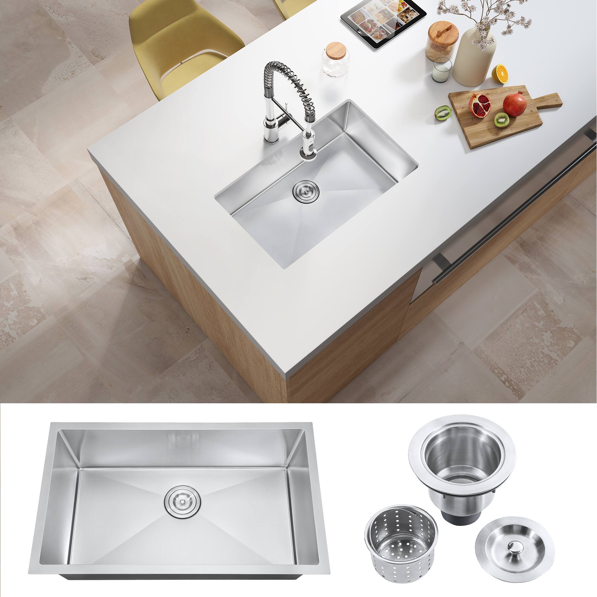 Front. Akicon - Akicon 30 in. Undermount Single Bowl 20-Gauge Silver Nano Kitchen Sink with Basket Strainer - Silver.