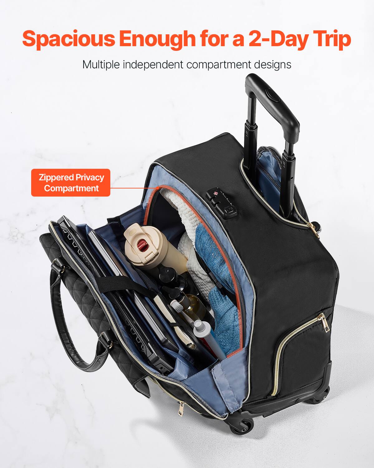 Spacious Enough for a 2-Day Trip  
Multiple independent compartment designs  

Zippered Privacy Compartment