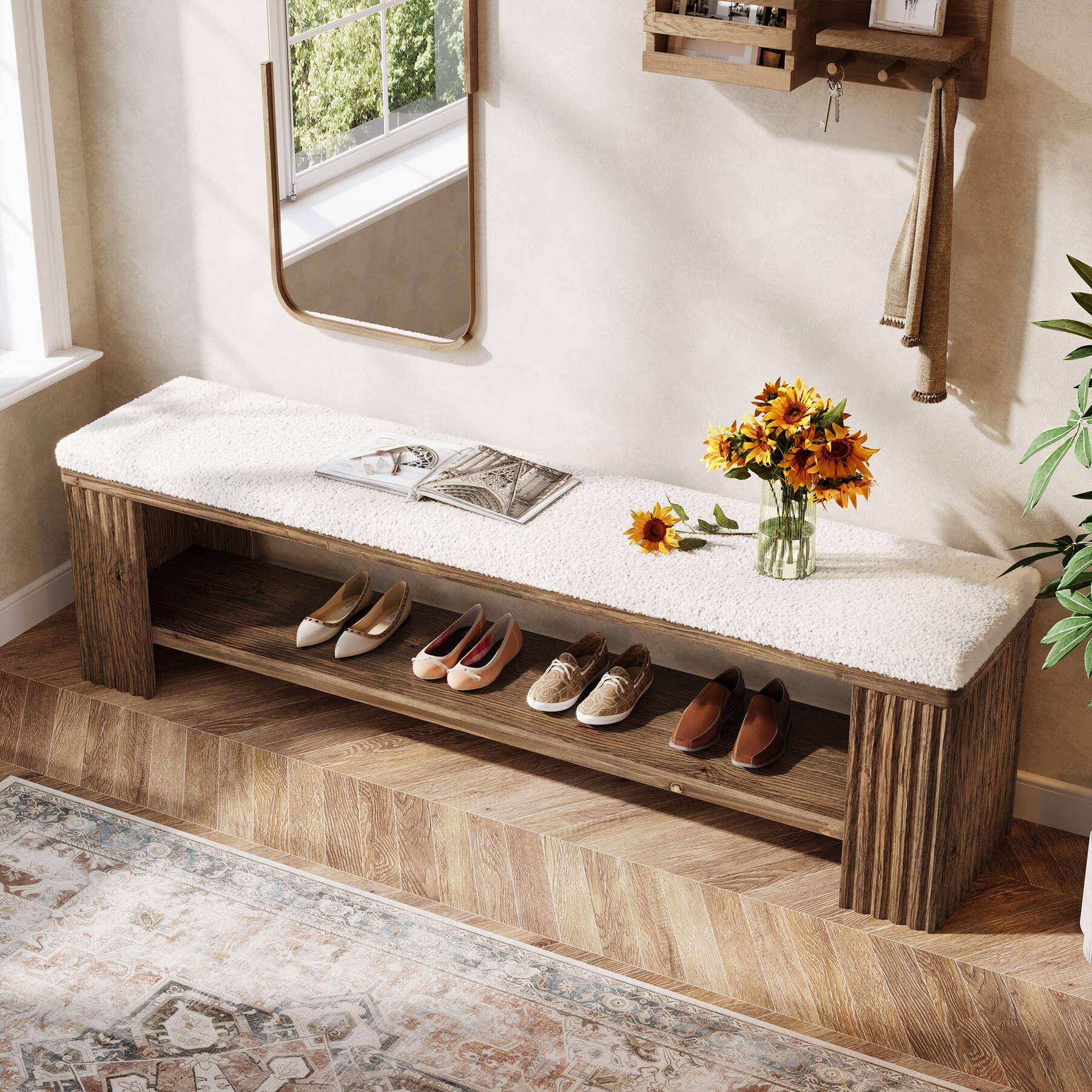 Alt View 1. Tribesigns - 63" Solid Wood Entryway Bench, Farmhouse Upholstered End of Bed Bench with Removable Faux Lambswool Cushion and Fluted L - Dark Brown.