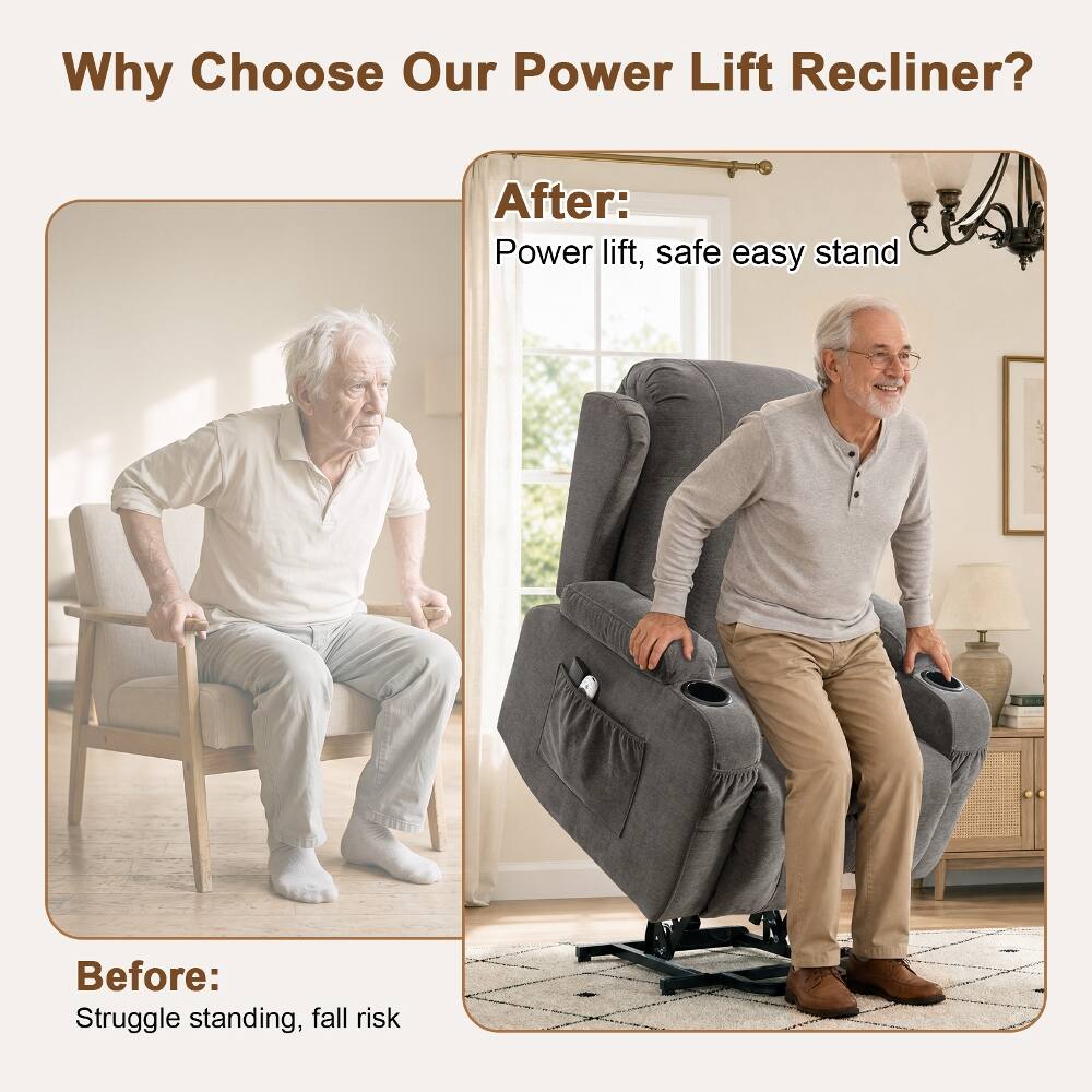 Why Choose Our Power Lift Recliner?

Before: Struggle standing, fall risk

After: Power lift, safe easy stand