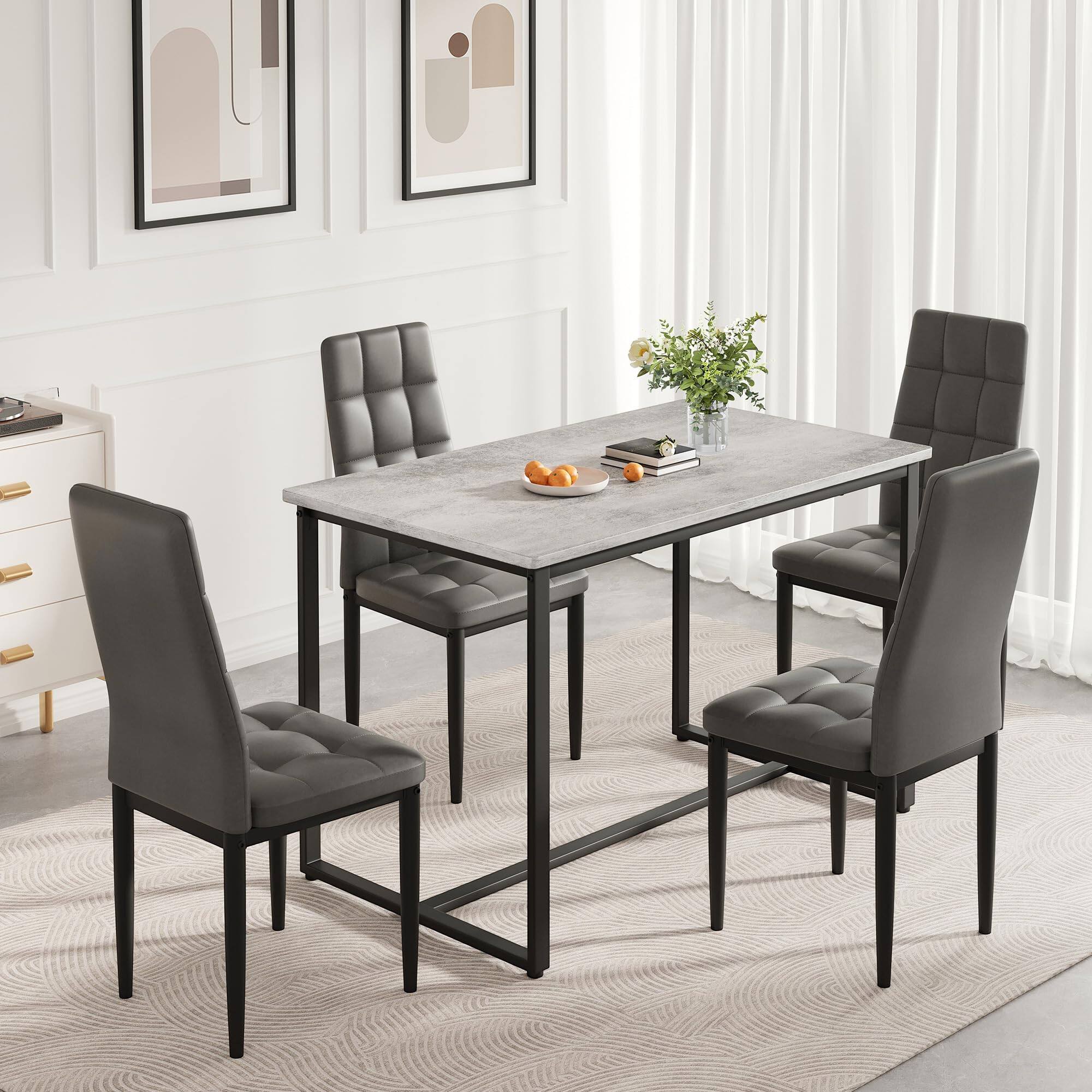 Alt View 6. paproos - Dining Table Set for 4, PVC Faux Marble Kitchen Table Chairs Set of 4 with Upholstered PU Leather, Easy to Maintain - Grey.