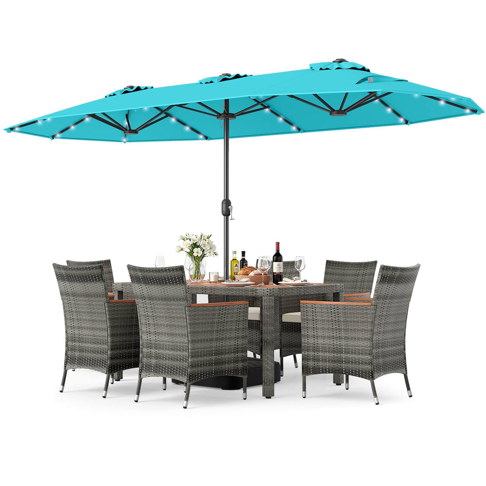 Alt View 5. Costway - Costway 8 PCS Outdoor Wicker Dining Furniture & Double-Sided Umbrella with Solar LED Lights - Turquoise+Mix Gray.