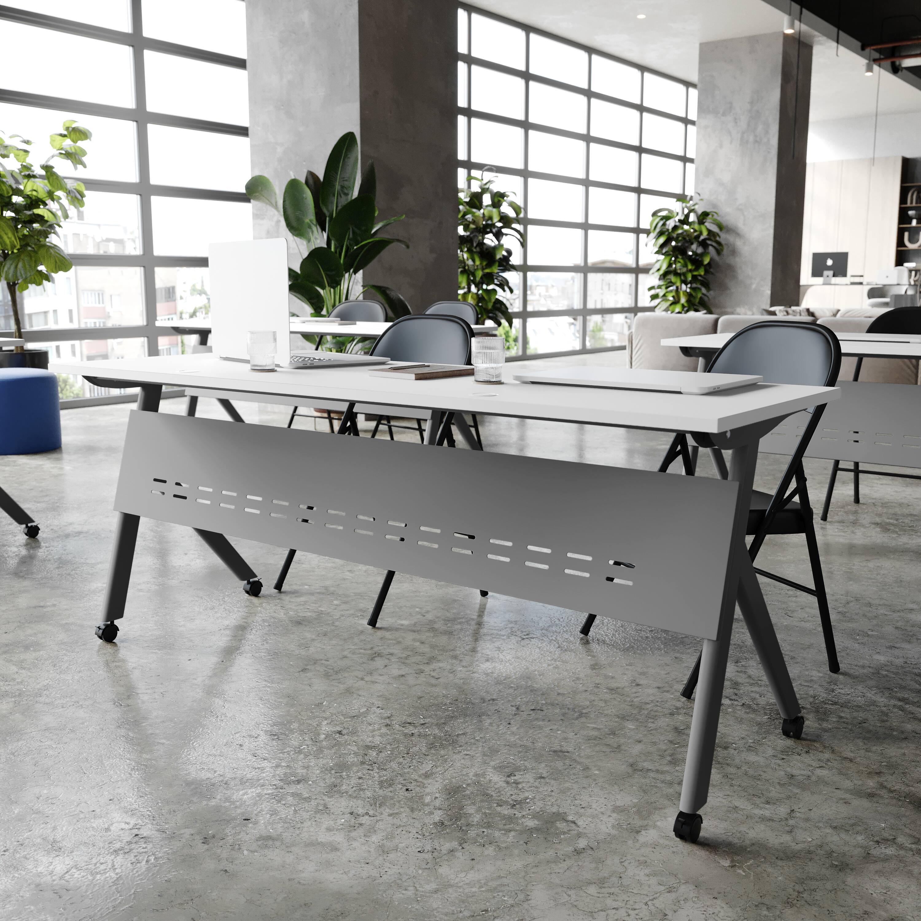 Alt View 2. Flash Furniture - Davis Commercial Grade 72" x 24" Heavy-Duty Nesting Flip Training Table with Y-Legs, Modesty Panel, 1" Thick White Table - White.