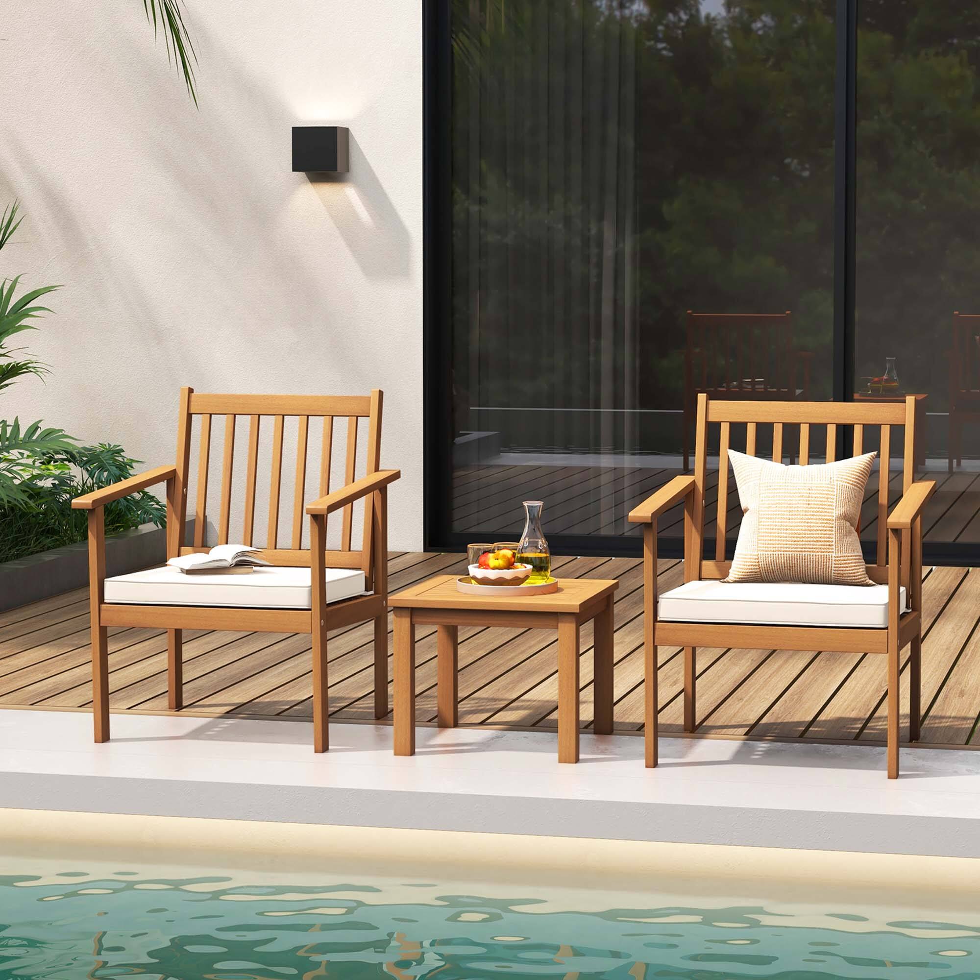 Alt View 1. Costway - 3 PCS Patio Wood Furniture Set Acacia Wood Chairs & Coffee Table with soft Cushions - Natural + Off White.