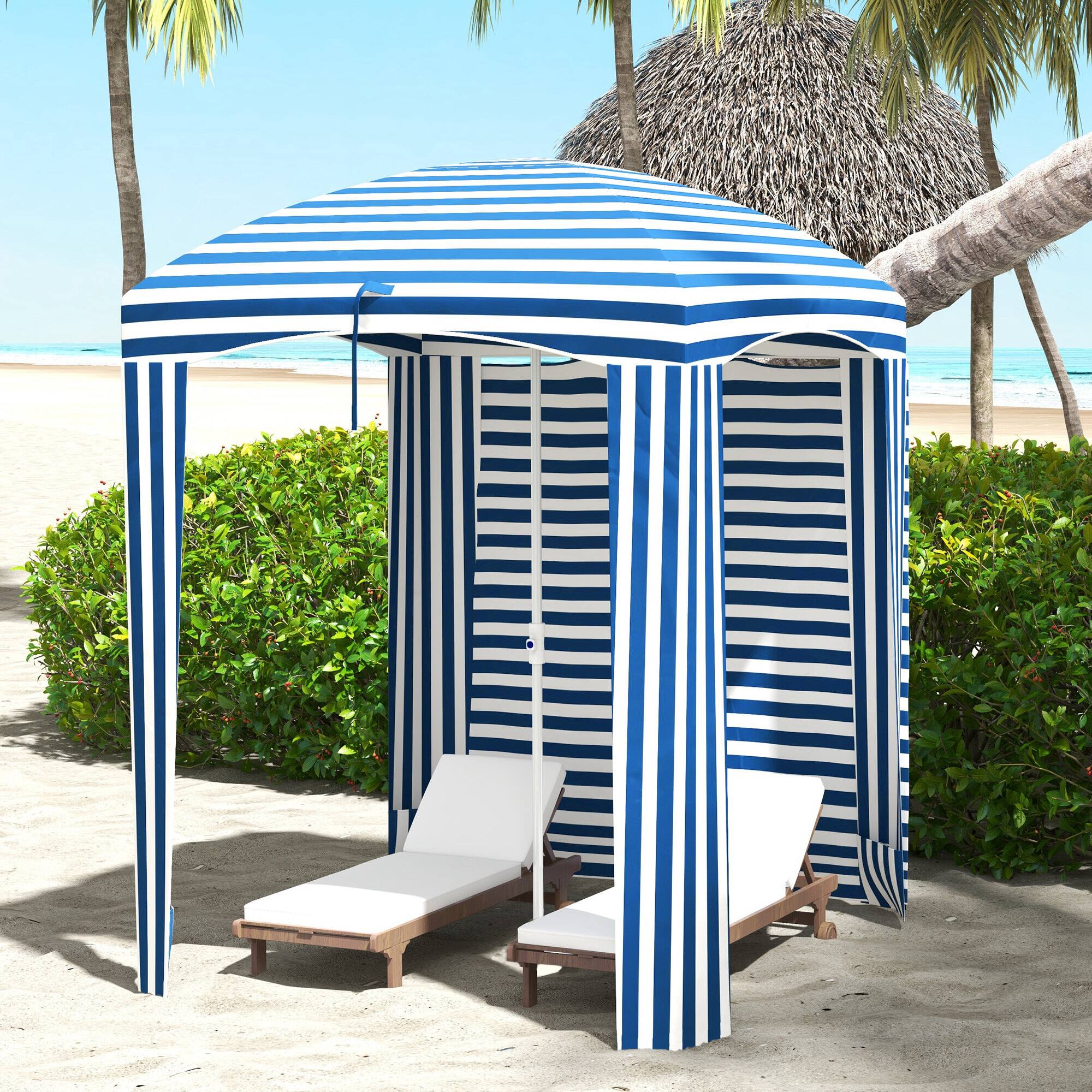 Alt View 1. Outsunny - x 5.8' Cabana Umbrella with Walls, Vents, Ruffles, Carry Bag, Beach Umbrella - Blue White Strip.