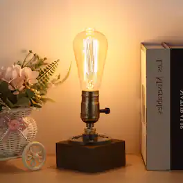 Oumilen - Industrial Wood Base Table Lamp – Vintage Edison Desk Lamp with Brass Socket for Bedroom, Living Room