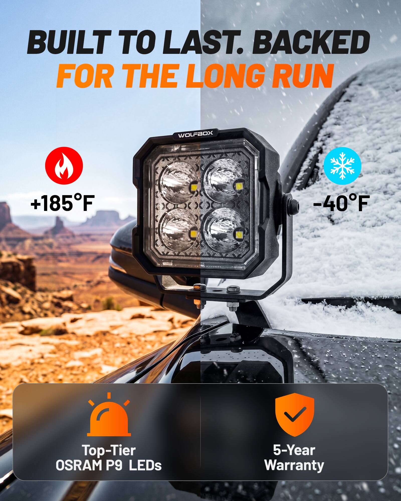 BUILT TO LAST. BACKED FOR THE LONG RUN

WOLFBOX

+185°F

-40°F

Top-Tier OSRAM P9 LEDs

5-Year Warranty