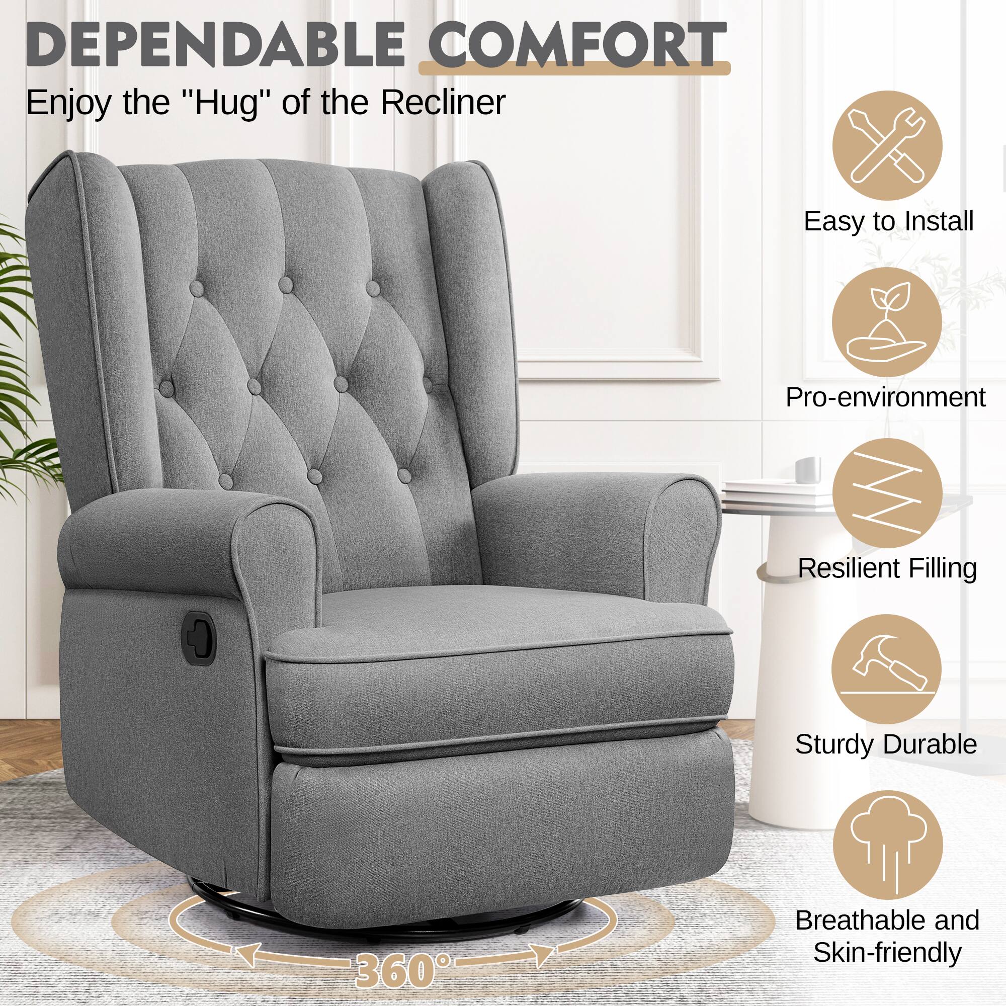 DEPENDABLE COMFORT  
Enjoy the "Hug" of the Recliner  

- Easy to Install  
- Pro-environment  
- Resilient Filling  
- Sturdy Durable  
- Breathable and Skin-friendly  

360°