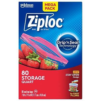 Sure, here is the corrected and grouped text:

---

**SC Johnson Family Company**

**Ziploc**  
*Brand*  
*Seal Top Bags*

**MEGA PACK**

**Grip 'n Seal Technology**

**80 STORAGE QUART**

**NEW! STAY OPEN Design**

**80 seal top bags**  
7" x 7 1/2" (17.7 cm x 18.8 cm)

**For Easy Filling**

---

**Ziploc**  
*Seal Top Bags*