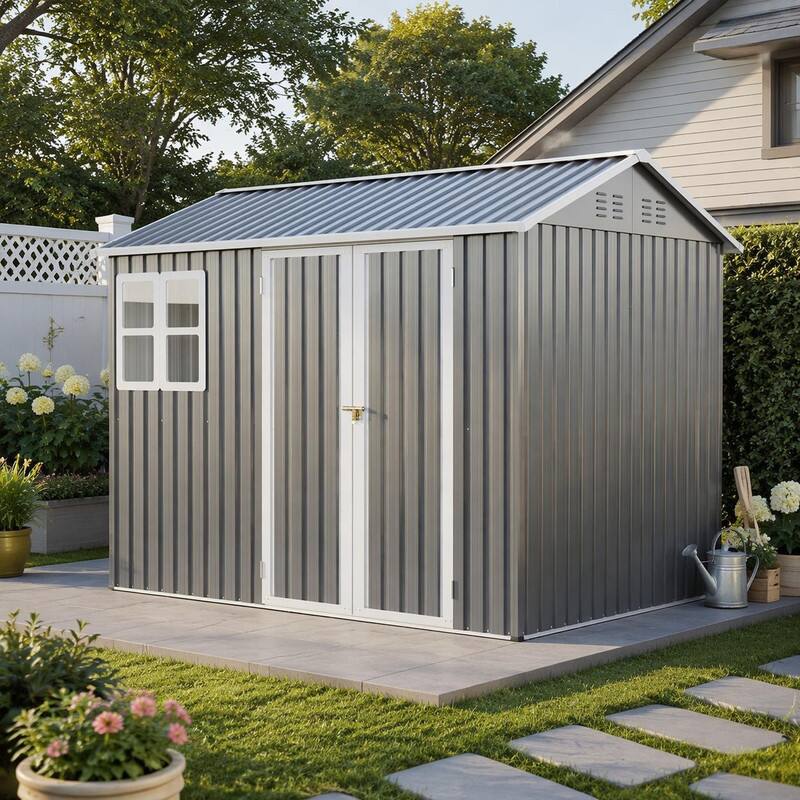 Left. RYHNUYNE - 8x6 ft Dark Gray Steel Shed Window Lockable Double Doors Sloped Roof Garden Tools - Gray.
