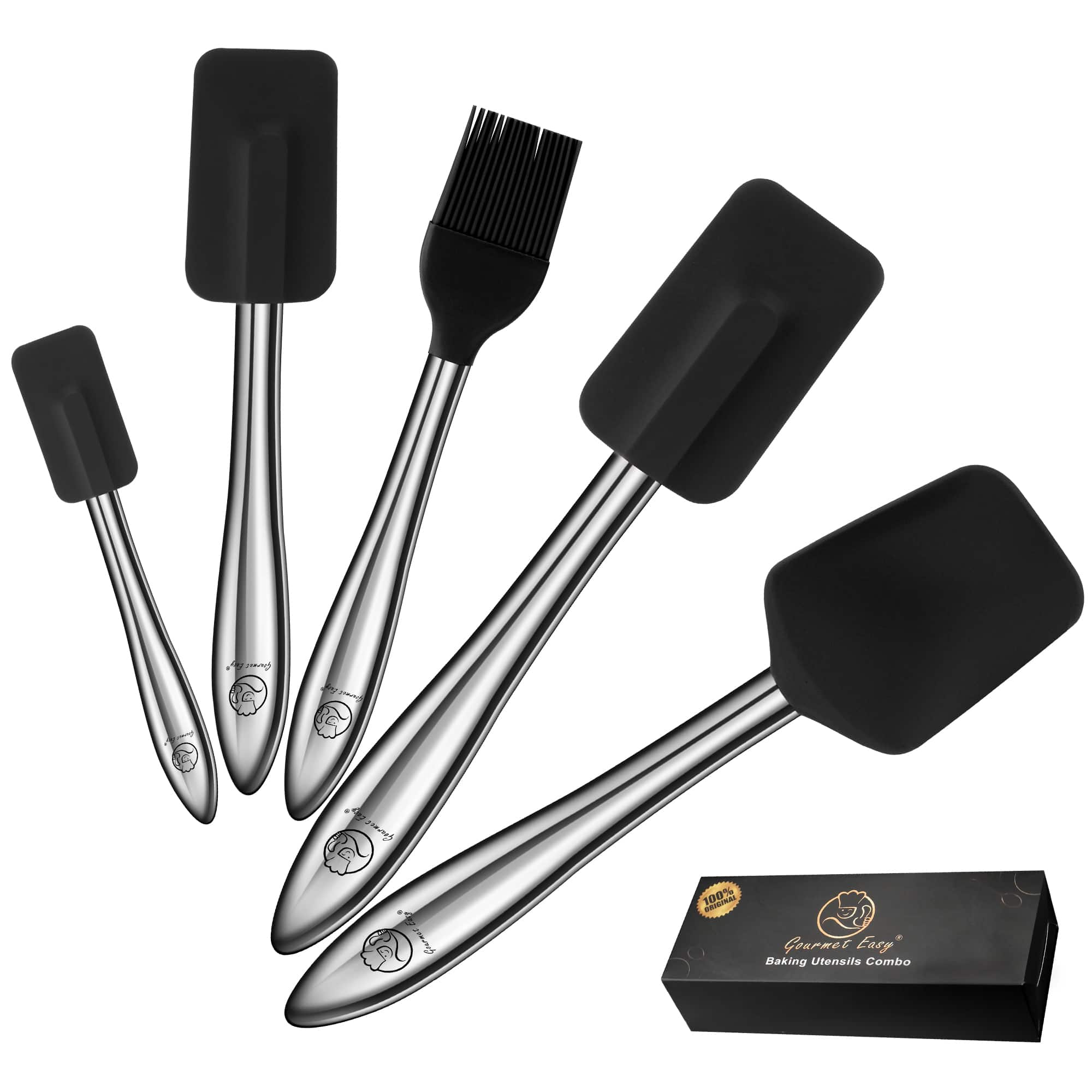 Gourmet Easy - 5pcs Silicone Spatula Set with Stainless Steel Handle, Spatulas for Cooking & Baking with Spoonula & Brush - Black