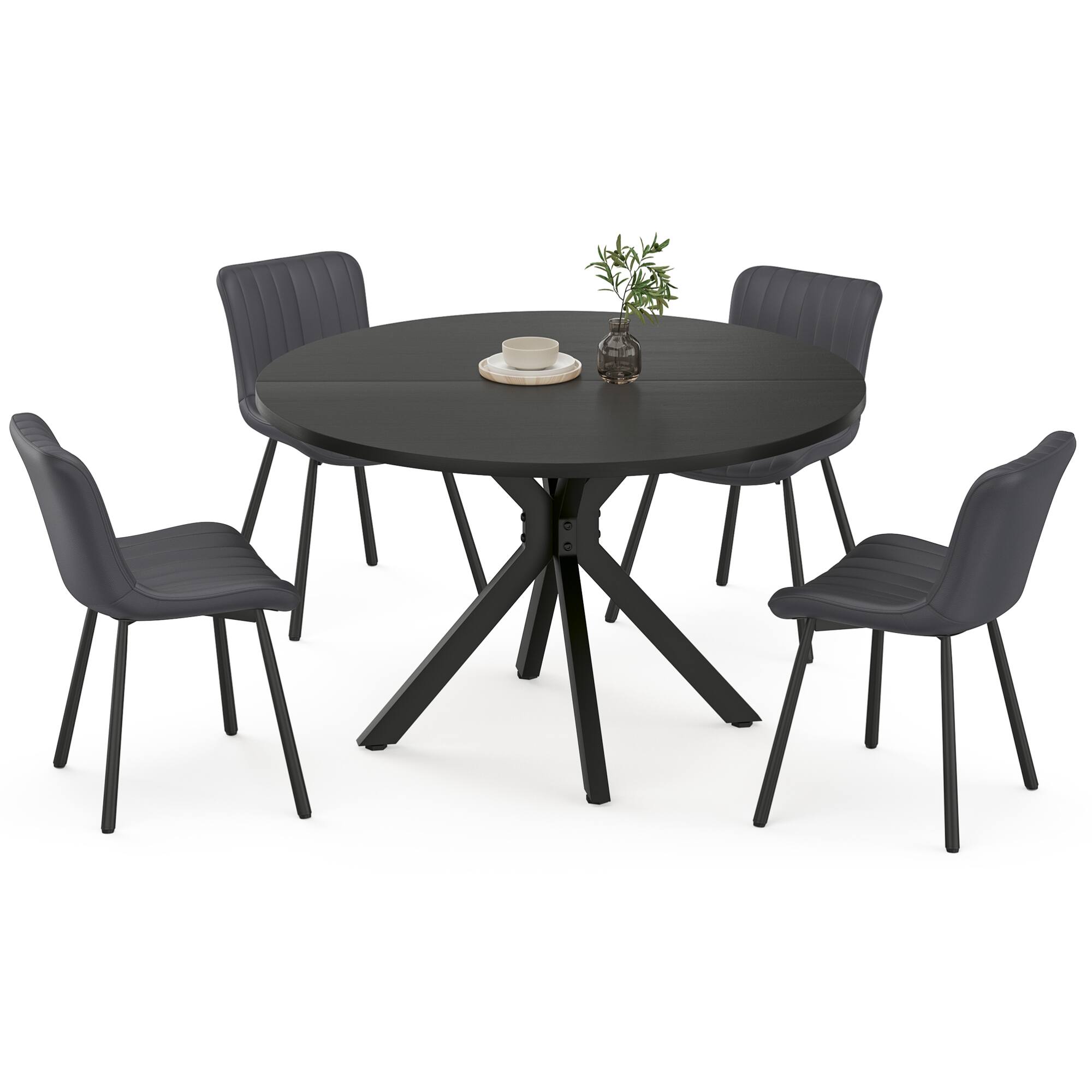 Angle. GOODSILO - 47-Inch Round Dining Table for 4-6 People with Sturdy Base, Mid-Century Modern Kitchen Table for Dining Room - Black.