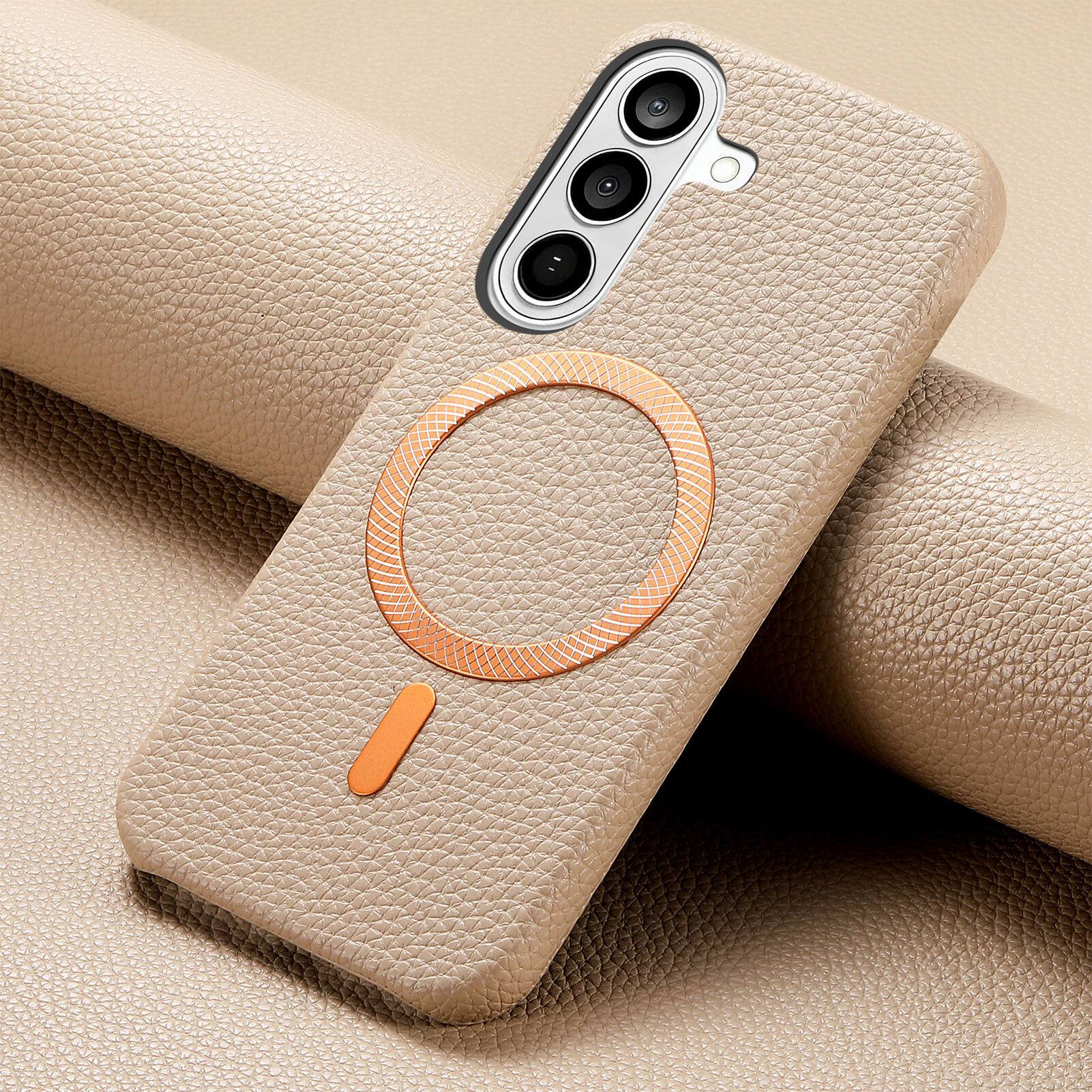 Alt View 5. Dteck - Lychee Texture Case for Samsung Galaxy S26+, Premium PU Leather Magnetic Shockproof Hard PC Cover with Raised Edges - Khaki.