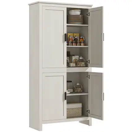 Front. Homcom - 64" Kitchen Pantry Cabinet, Freestanding Storage Cabinet with 4 Doors and 3 Adjustable Shelves for Dining Room - White.