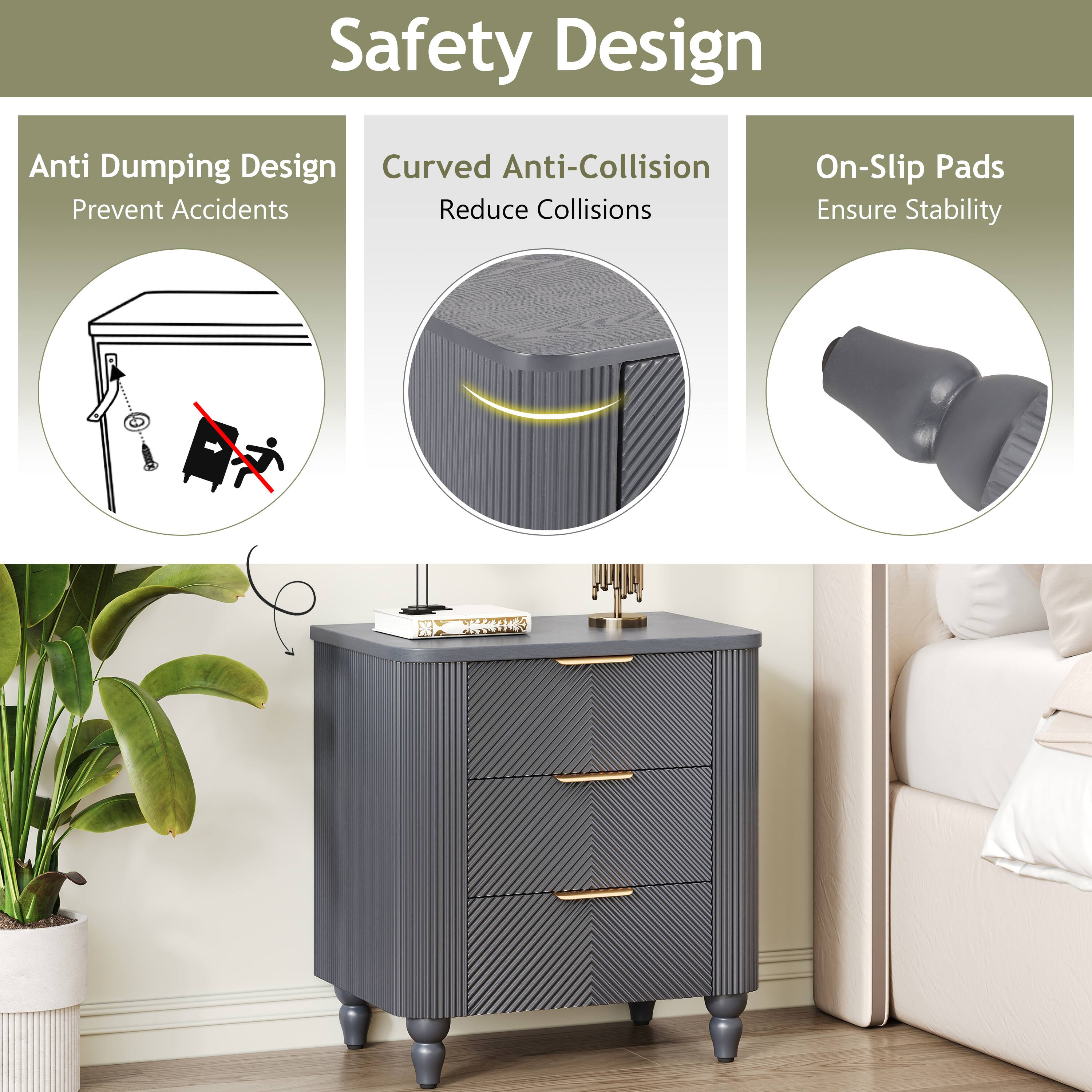 Safety Design

- Anti Dumping Design
  - Prevent Accidents

- Curved Anti-Collision
  - Reduce Collisions

- On-Slip Pads
  - Ensure Stability