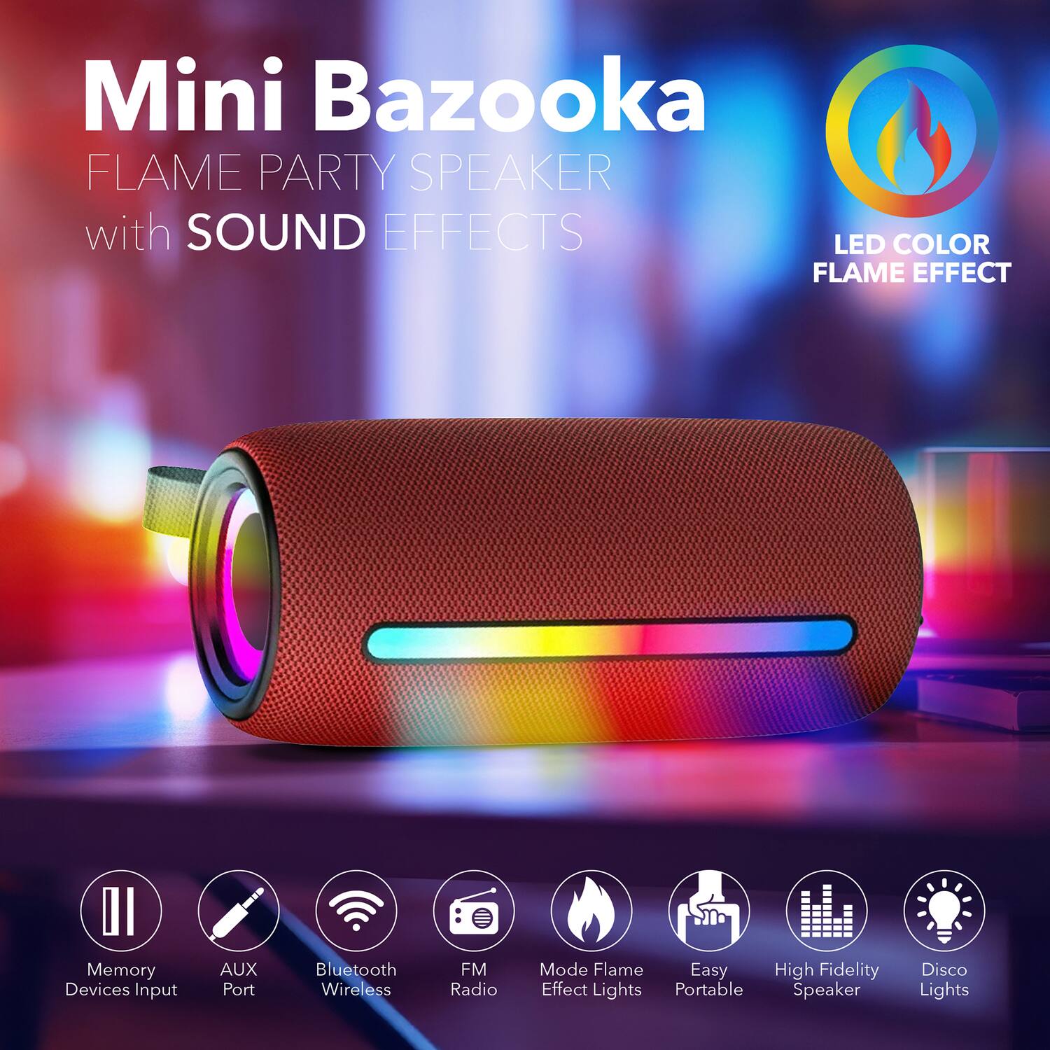 Mini Bazooka FLAME PARTY SPEAKER with SOUND EFFECTS LED COLOR FLAME EFFECT II Memory Devices Input AUX Port Bluetooth Wireless FM Radio Mode Flame Easy High Fidelity Effect Lights Portable Speaker Disco Lights