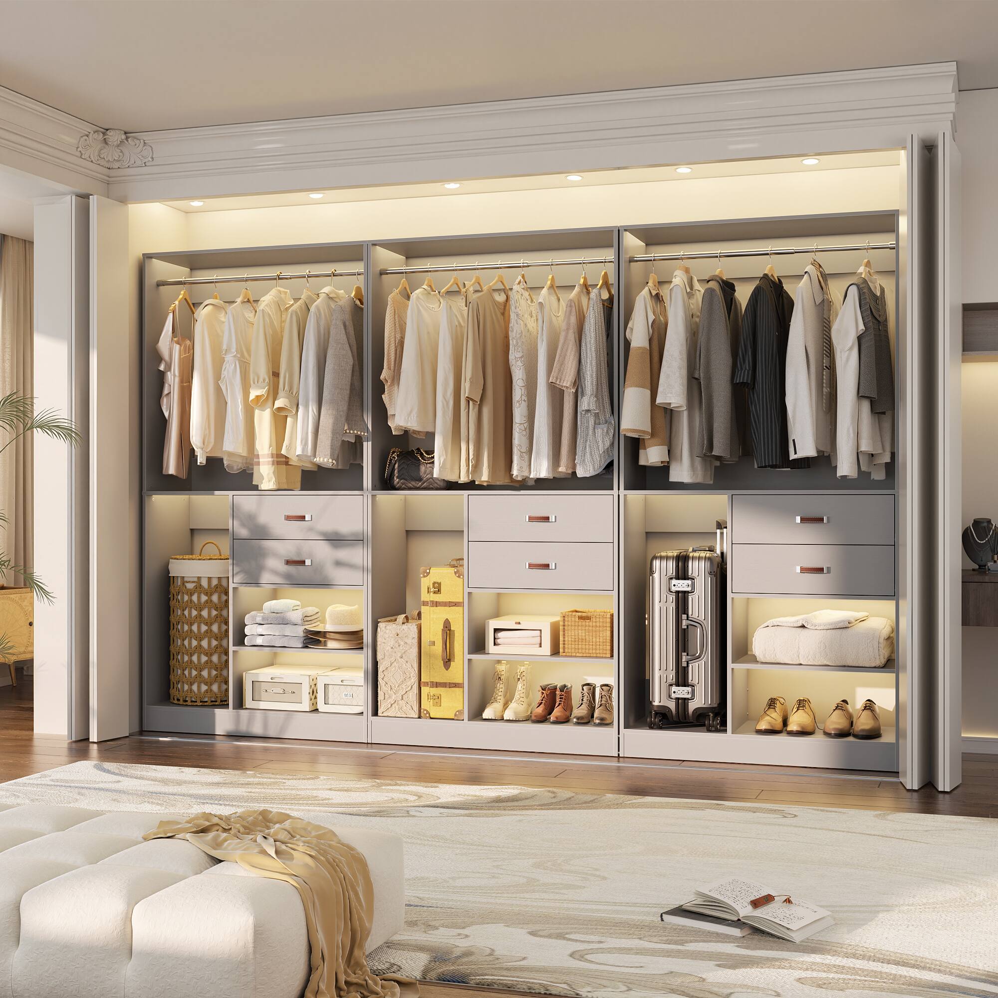 Alt View 2. Aheaplus - 10FT Large Closet Organizer Set of 3, with 6 Drawers, 3 Hanging Rods and Luggage Storage Space - Gray.