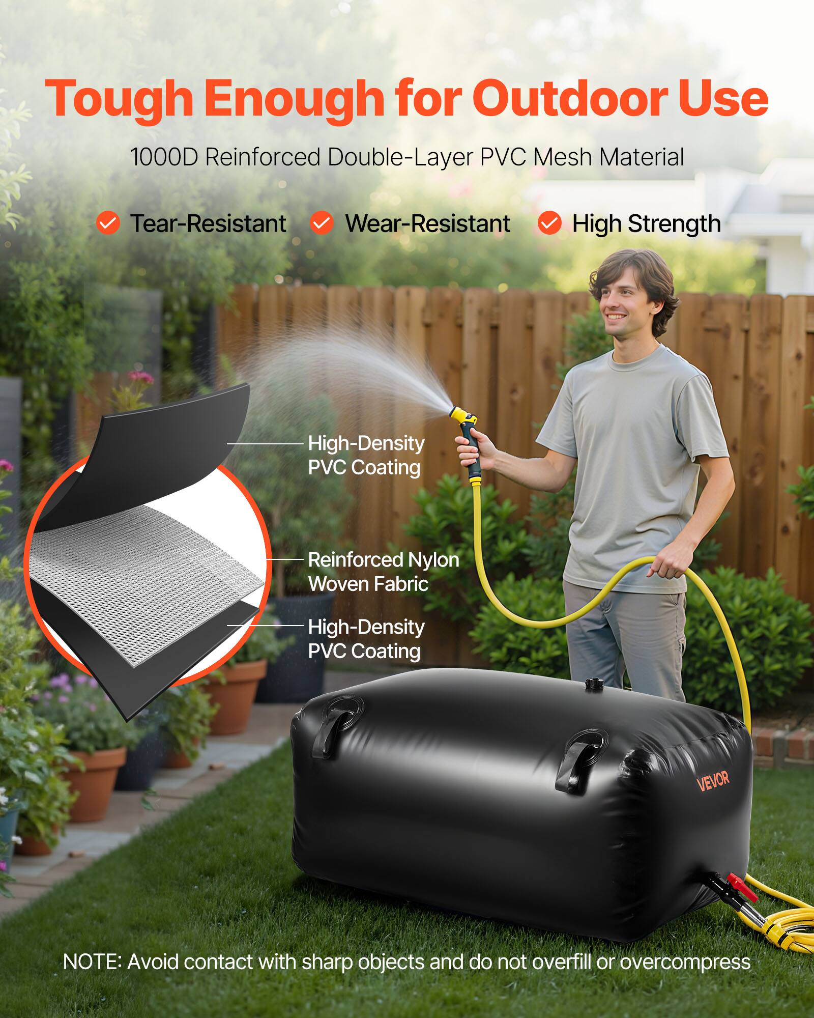 Tough Enough for Outdoor Use

1000D Reinforced Double-Layer PVC Mesh Material

- Tear-Resistant
- Wear-Resistant
- High Strength

High-Density PVC Coating
Reinforced Nylon Woven Fabric
High-Density PVC Coating

NOTE: Avoid contact with sharp objects and do not overfill or overcompress