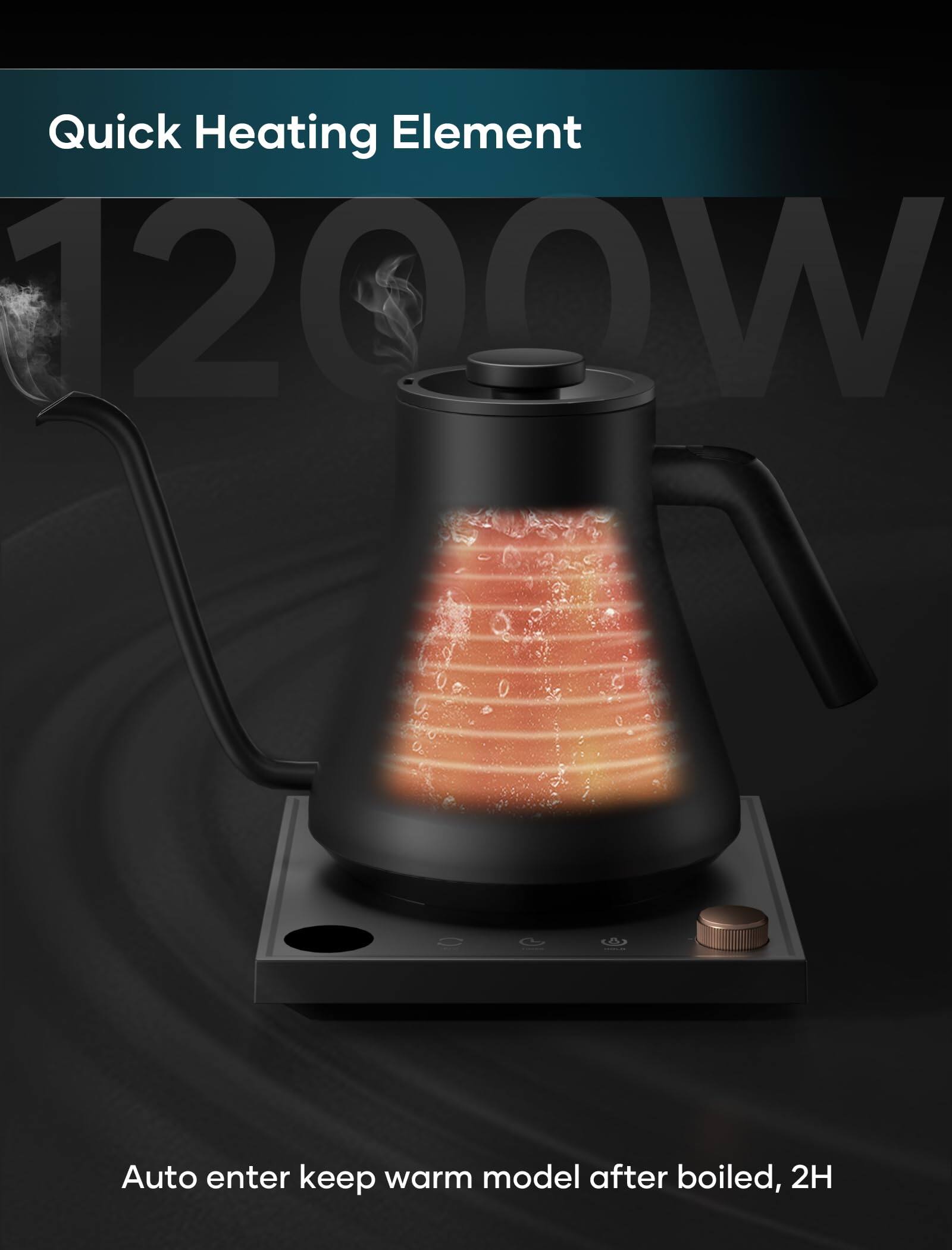 Quick Heating Element  
1200W  

Auto enter keep warm model after boiled, 2H