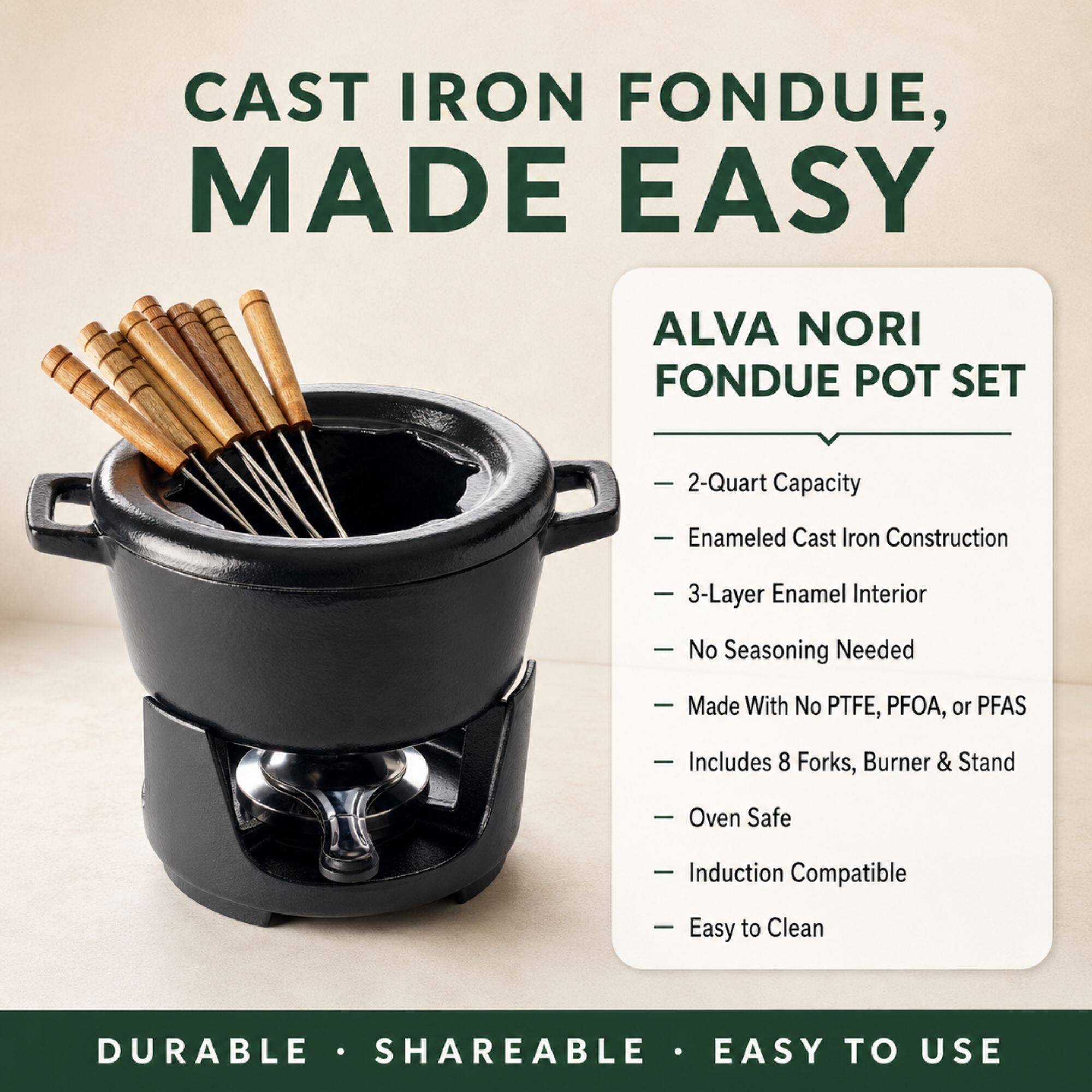 Alva Nori Enameled Cast Iron Fondue Set, 8 Piece, 2 Qt Black
