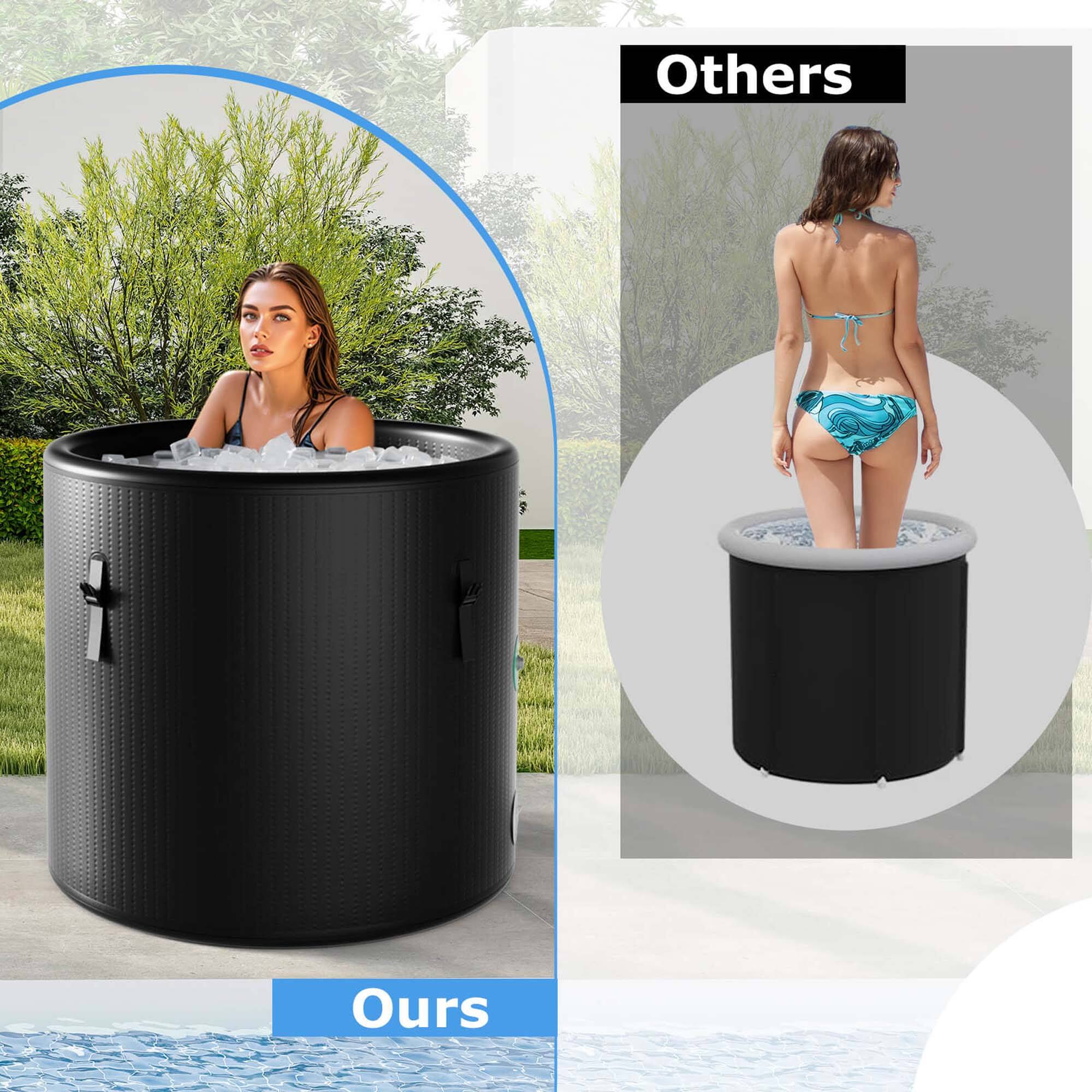 Others:

* A woman in a bikini is sitting in a large black tub filled with ice.
* The tub is filled with ice and water.
* The woman is sitting in the tub.

Ours:

* A woman in a bikini is sitting in a large black tub filled with ice.
* The tub is filled with ice and water.
* The woman is sitting in the tub.
