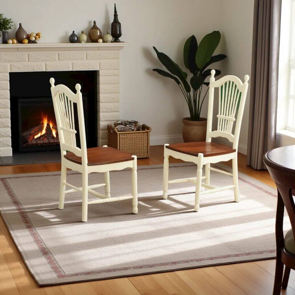 Angle. FurniFact - Elegant Wooden Dining Chair Set of 2 for Kitchen and Dining Room - Buttermilk & Cherry.