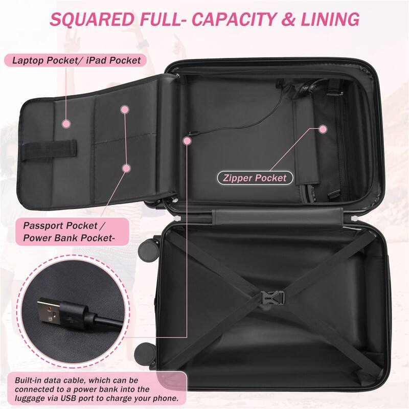 SQUARED FULL-CAPACITY & LINING

Laptop Pocket / iPad Pocket

Zipper Pocket

Passport Pocket / Power Bank Pocket

Built-in data cable, which can be connected to a power bank into the luggage via USB port to charge your phone.